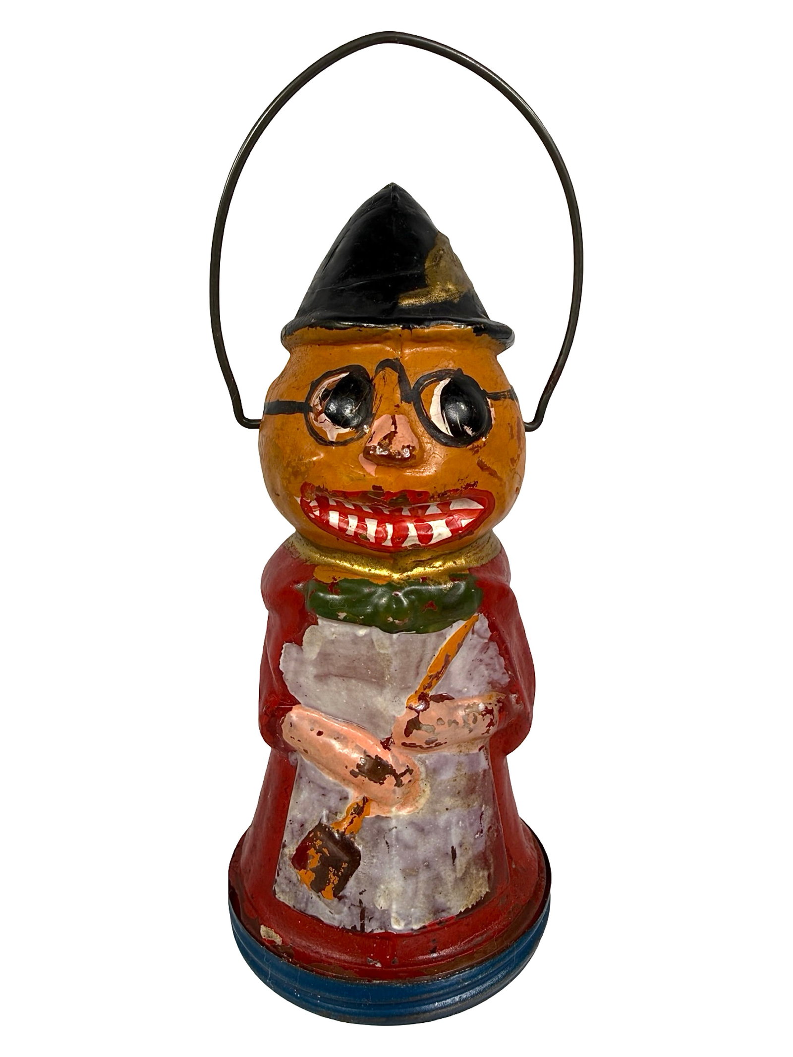 Pumpkin Headed Witch - Red Dress - Rare Previously Unlisted Bank Variant: USA - 1920 - 4 3/8" T x 2" D at base. Bob and Shirley Peirce Collection. At this time, we are not aware of any other specimens of the still bank version of this rare glass candy container.