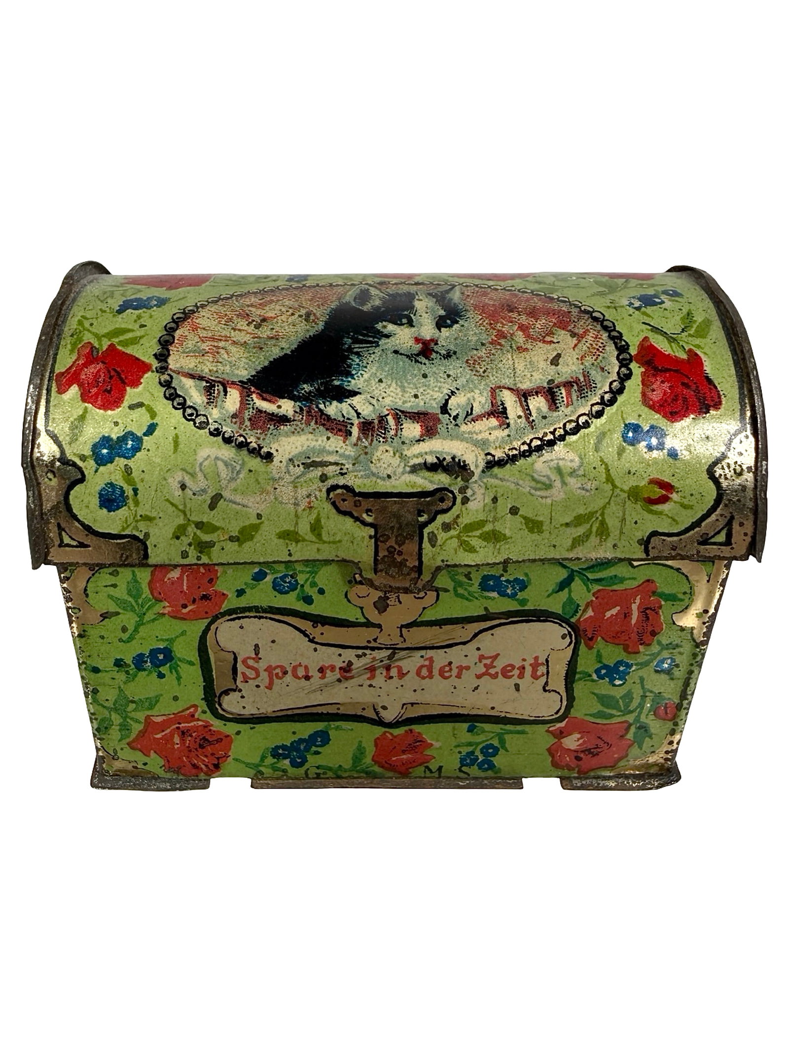 Cat on Trunk Penny Toy Bank: German - 1920's - 2 1/2" Long. Bob and Shirley Peirce Collection.