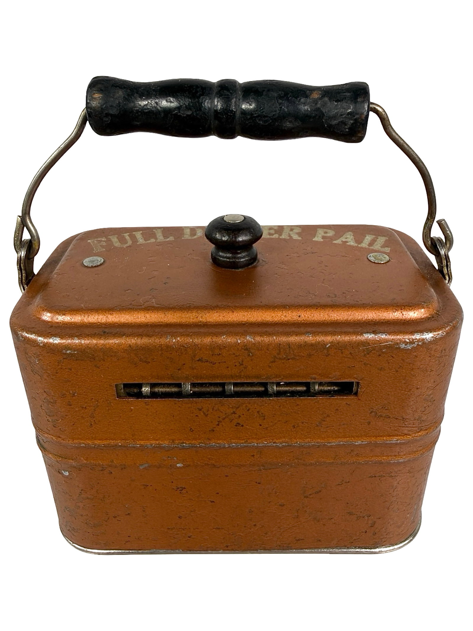 Rare "Full Dinner Pail" Bank (KLT): Unknown American Manufacturer. Ca. 1900 - 2 1/8" Tall x 3 1/8" Wide. From the Andy Moore Collection. The "Full Dinner Pail" was a political campaign slogan used by Pres. Wm. McKinley and other Republi