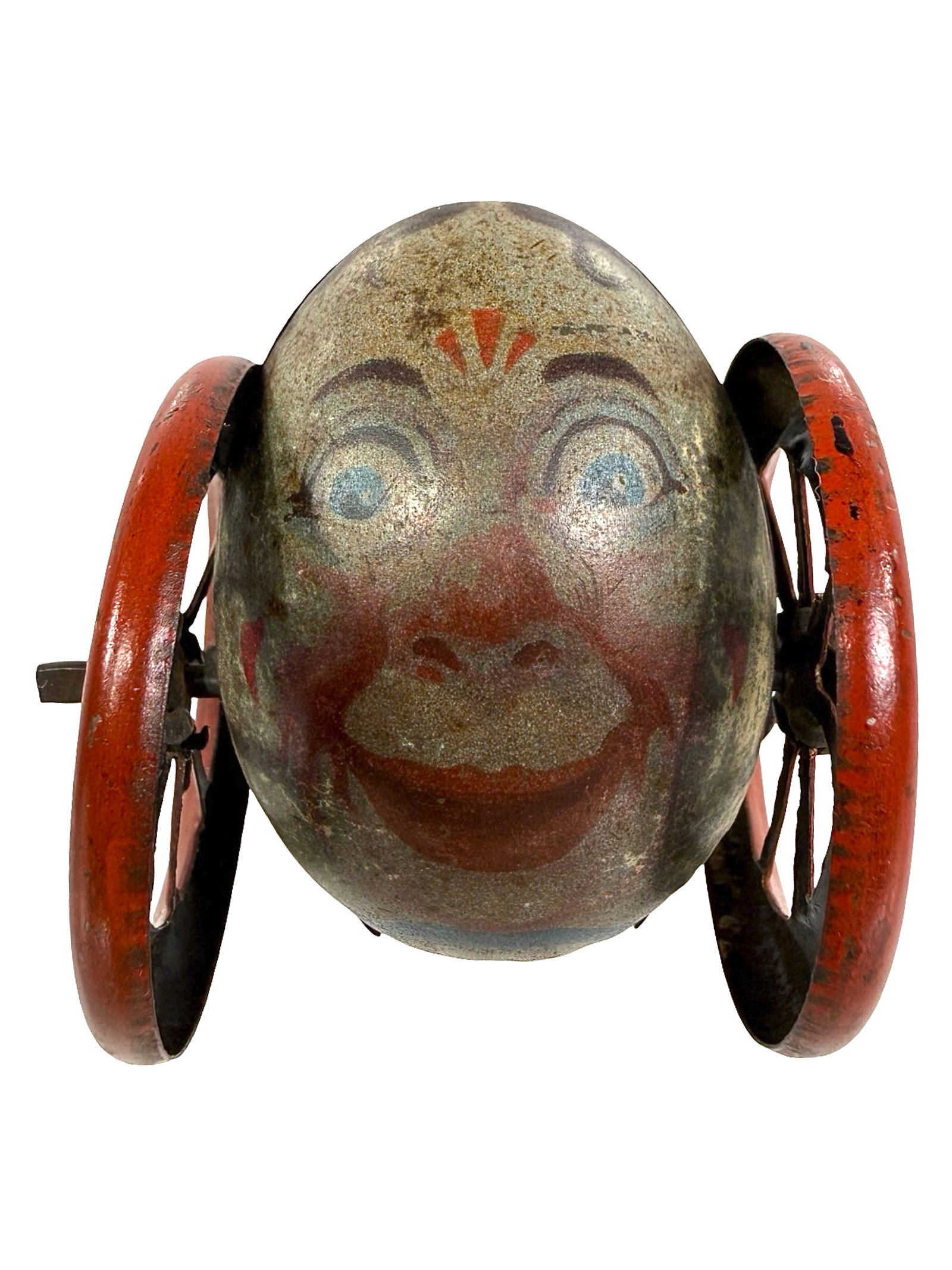 Humpty Dumpty on Wheels Bank: Made by the Burnett Ltd. Company. London - 1910's - 2" T x 1 1/2" W. Bob and Shirley Peirce Collection. We have never seen another like it.