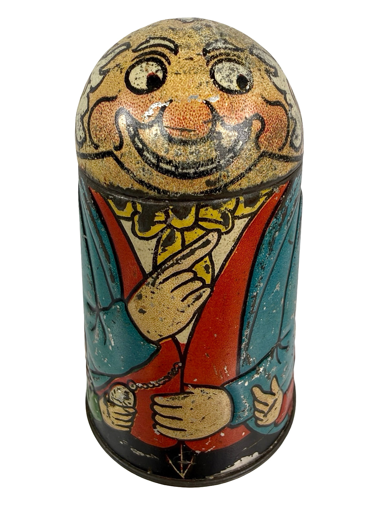 The Captain & the Boys Tin Bank: Germany - 1910's - 3 3/4" T x 2 1/4" Circular. Bob & Shirley Peirce Collection.