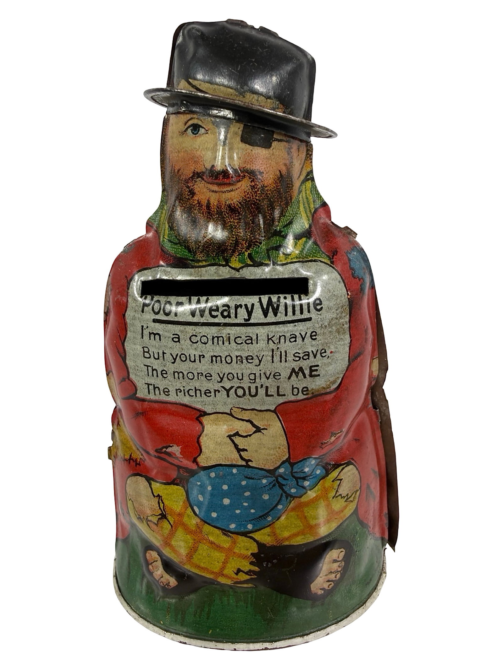 Weary Willie Tin Litho Bank: Germany - 1912 - 4 3/4" Tall. Bob & Shirley Peirce Collection.