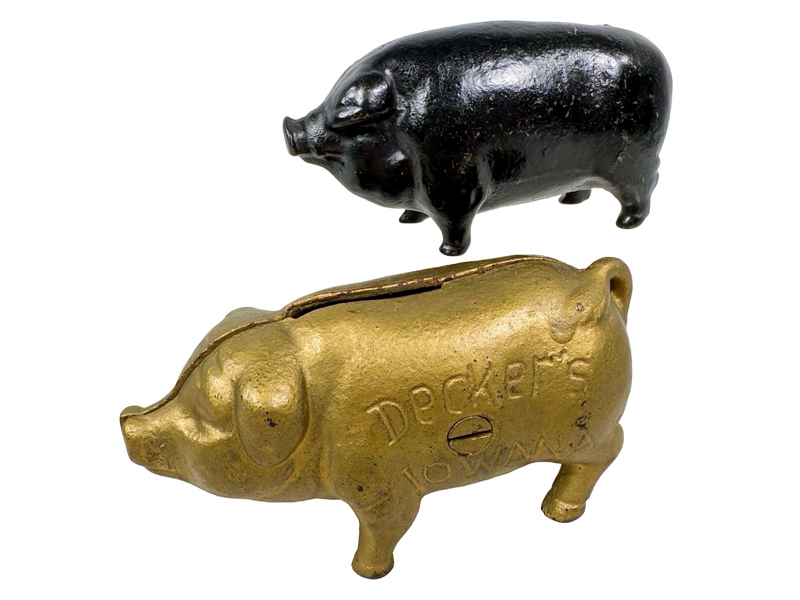 Two Cast Iron Pig Banks: Decker's Iowana Pig - Incised Letters. Small Pig by the Arcade Mfg. Company. American - 1920's - 4 3/8" W & 4" W. Bob & Shirley Peirce Collection,
