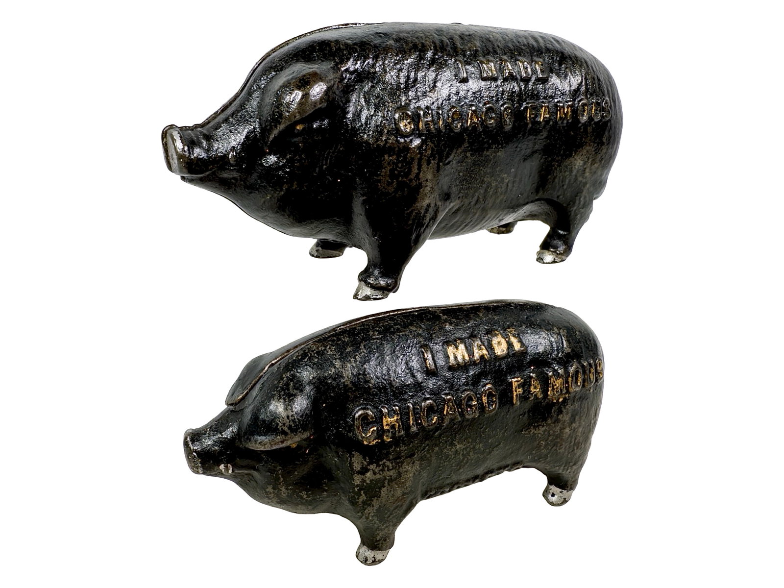 Large & Small "I Made Chicago Famous" Cast Iron Banks: Alludes to the Slaughterhouse Industry. Made by the J. M. Harper Company. Chicago - 1902 - 4 1/8" W & 5 3/8" W. The Tom Kellogg Collection.
