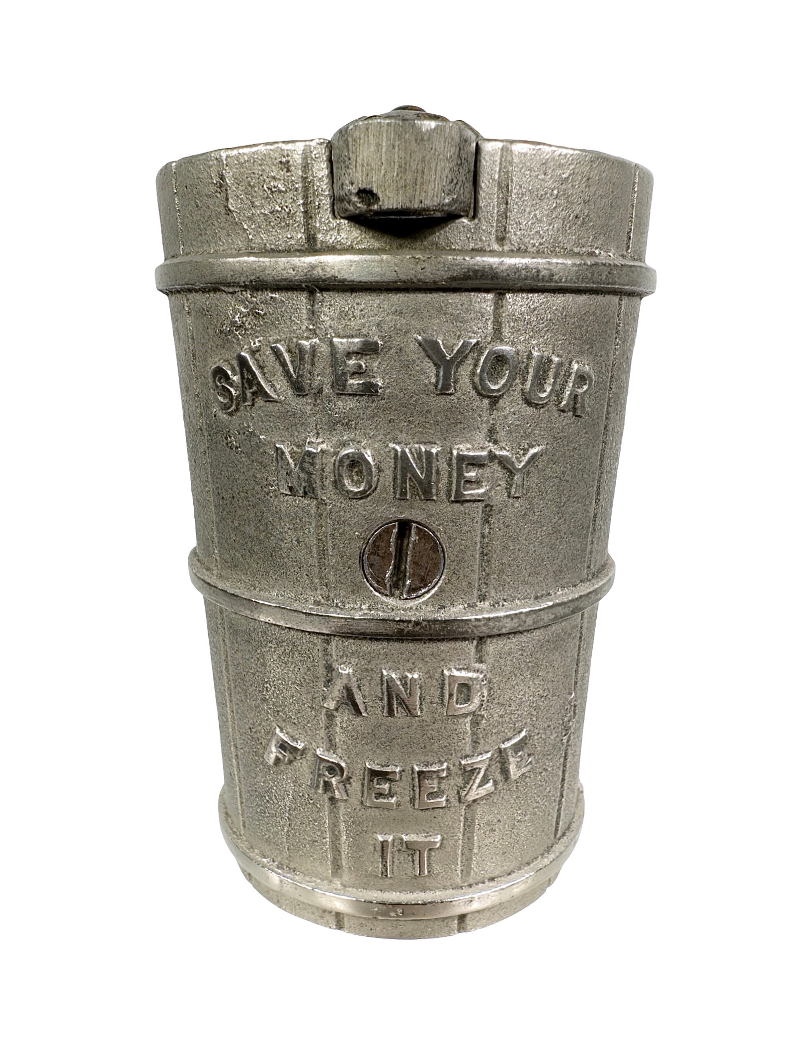 Nickel Plated North Pole Bank - "Save Your Money & Freeze It": By Grey Iron Casting Company. Penn. - 1925 - 4 1/4" T x 2 1/2" W. From the Mike Henry Collection.