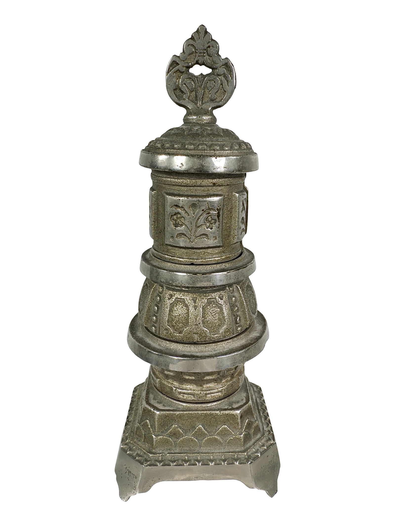 Nickel Plated Parlor Stove: Attributed to the Grey Iron Company. Penn. - Late 1890's - 7" T x 2 3/4" W. Bob & Shirley Peirce Collection.