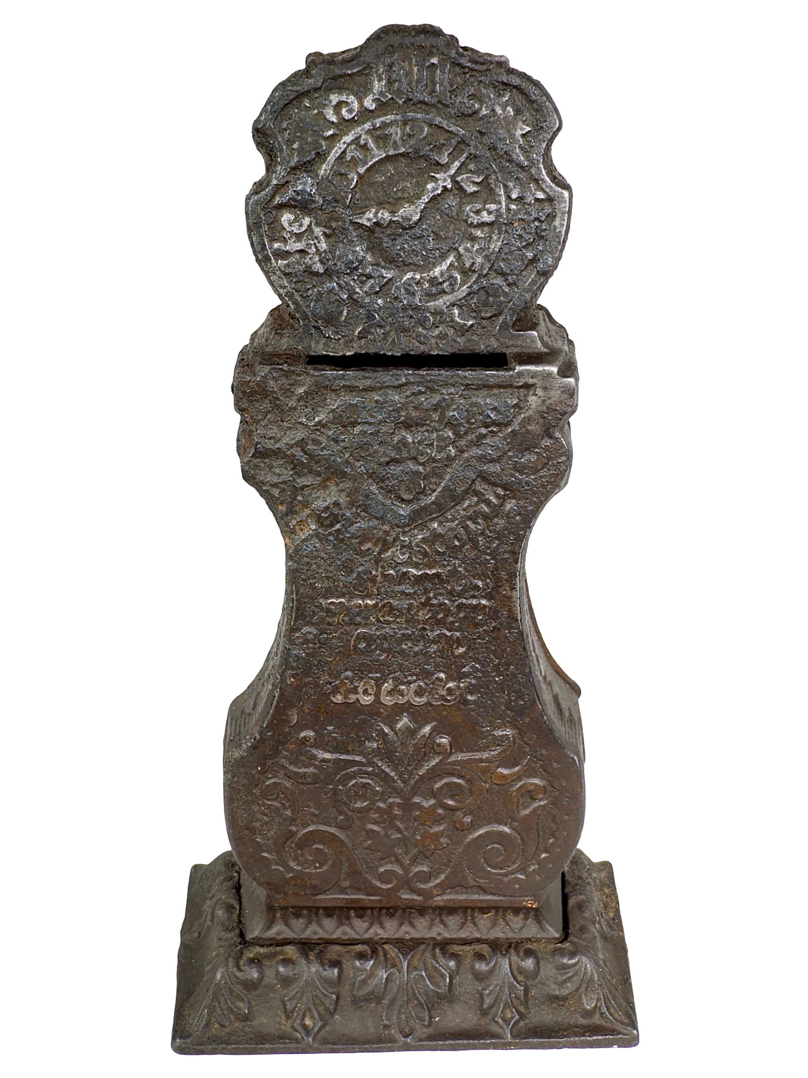 Rare Grandfathers Puzzle Clock Iron Bank: Attributed to Ives, Blakeslee Co. Bridgeport - 1895 - 7 1/8" Tall. Bob & Shirley Peirce Collection.