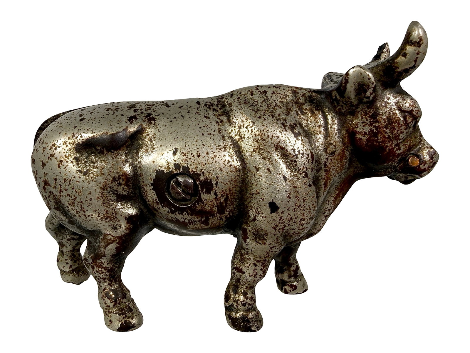 Nickel-Plated Bull Bank: Identical to Bull on Base (#537). Unknown American Maker. Circa Early 1920's - 5" L. The Tom Kellogg Collection.