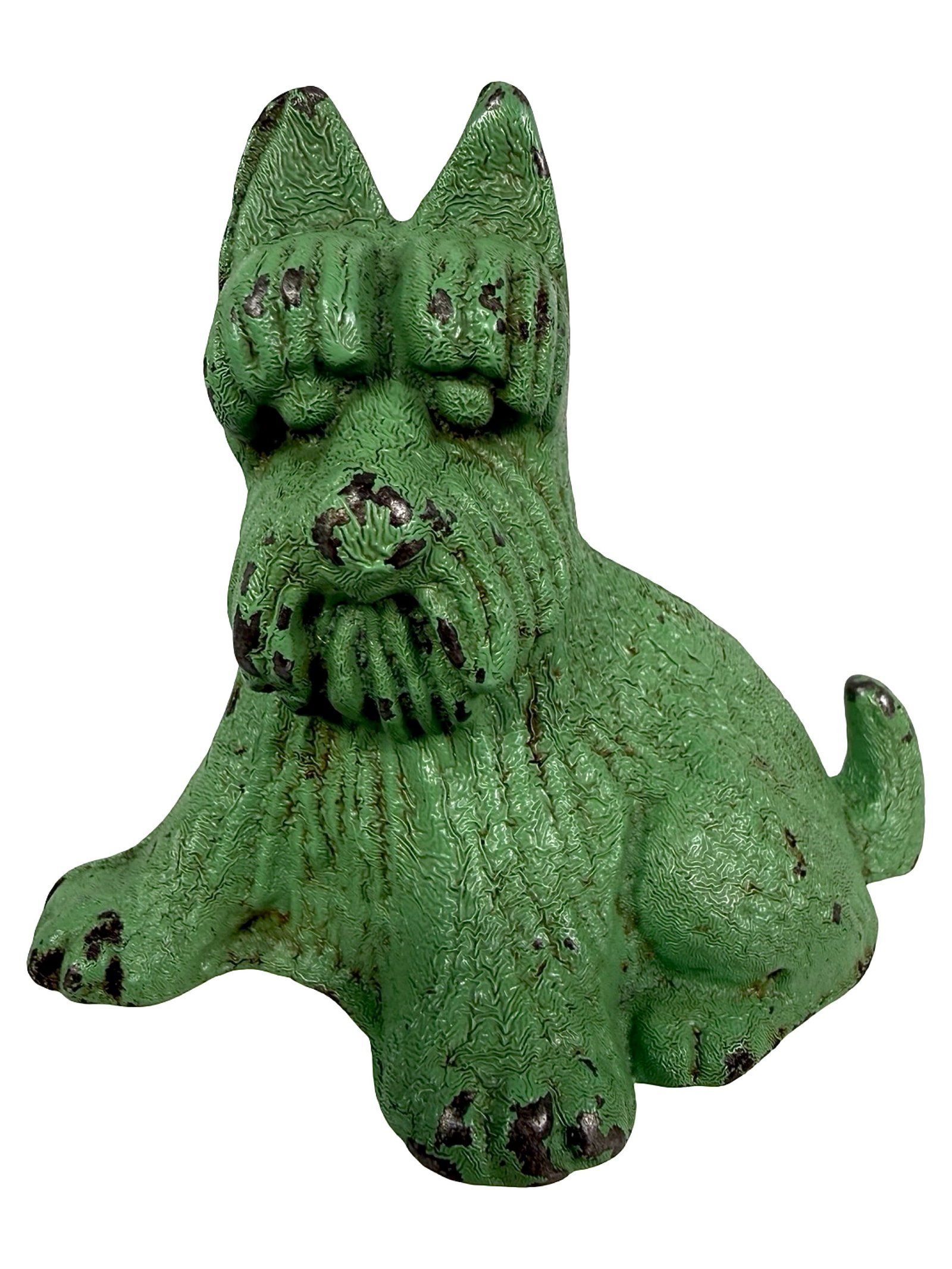 Green Fala Scottie with Crinkled Finish - Cast Iron Bank: Unknown American Maker. Circa 1930's - 2 3/4" Tall. The Tom Kellogg Collection.