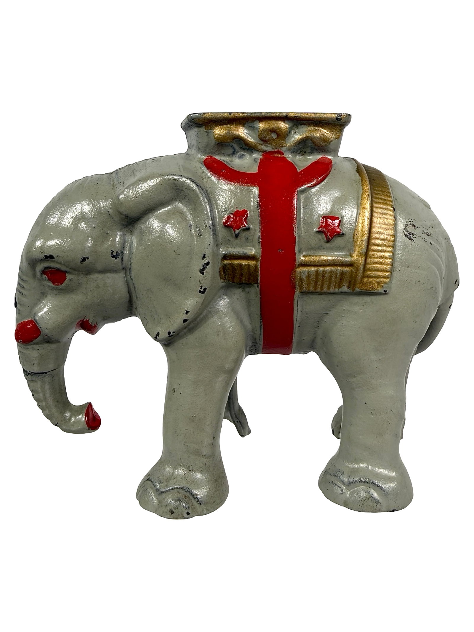 Elephant Howdah - Short Trunk - Cast Iron Bank: Made by the Hubley Mfg. Company. Penn. - 1915 - 3 3/4" T x 4 3/4" W. Bob & Shirley Peirce Collection.