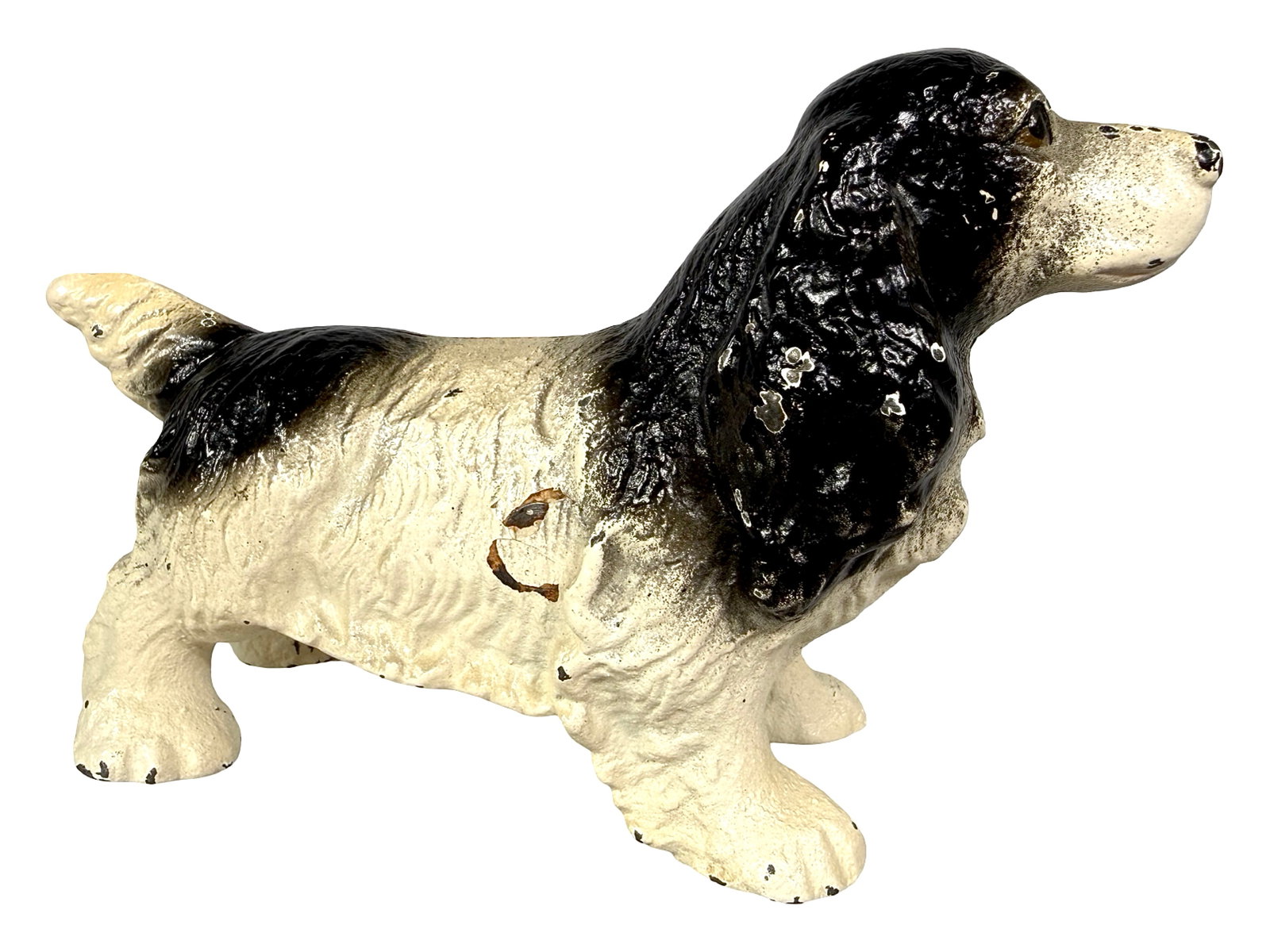 Black & White Cocker Spaniel Bank with Key Lock Trap: Made by Hubley Mfg. Co. Lancaster, Pa. - 1930's - 6" L.