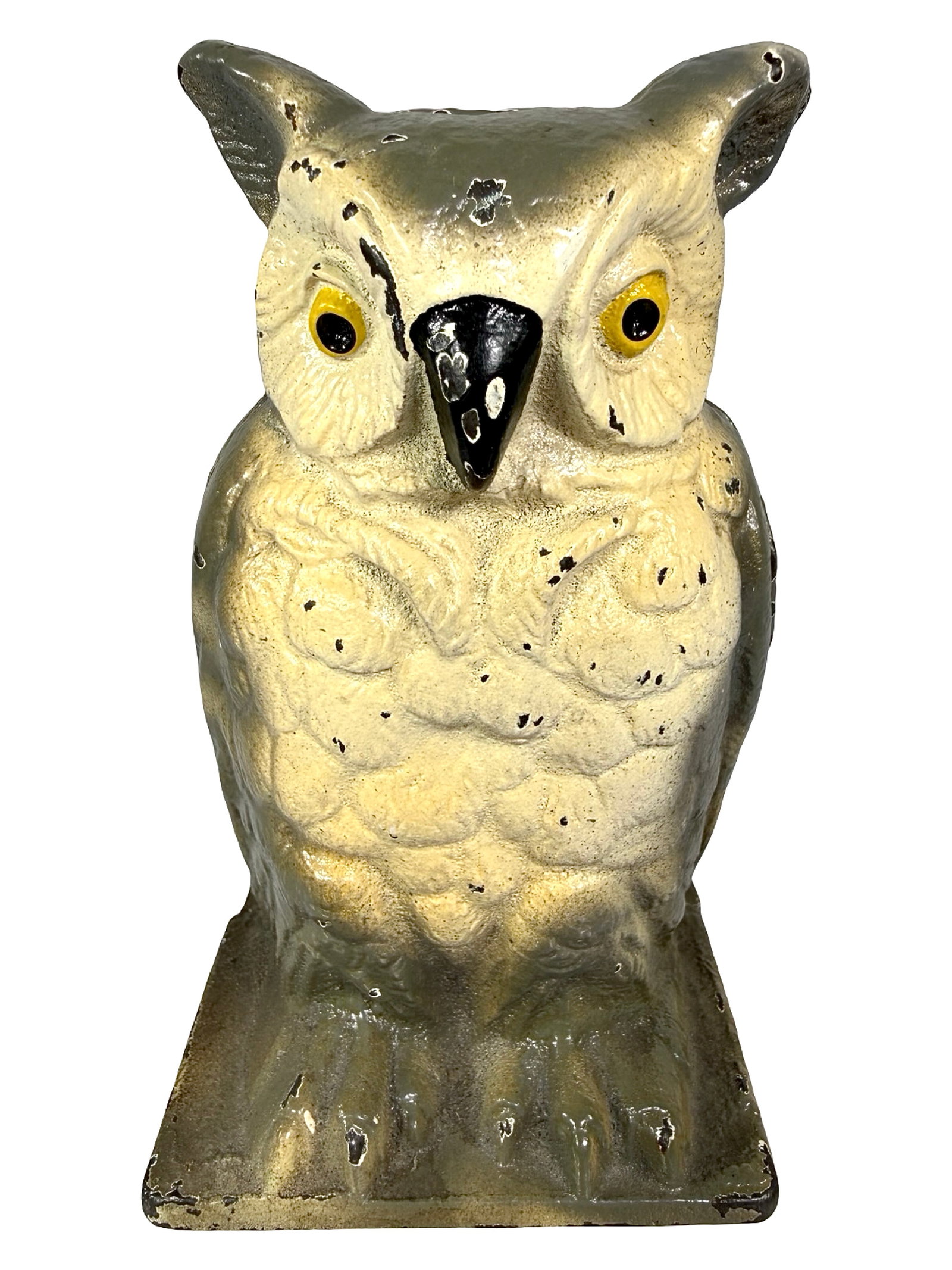 Gray Seated Owl Bank: Made by Vindex Mfg. Co. Illinois - 1930's - 4 1/4" T. Retains an original paper label under the bank describing a Wise Owl.