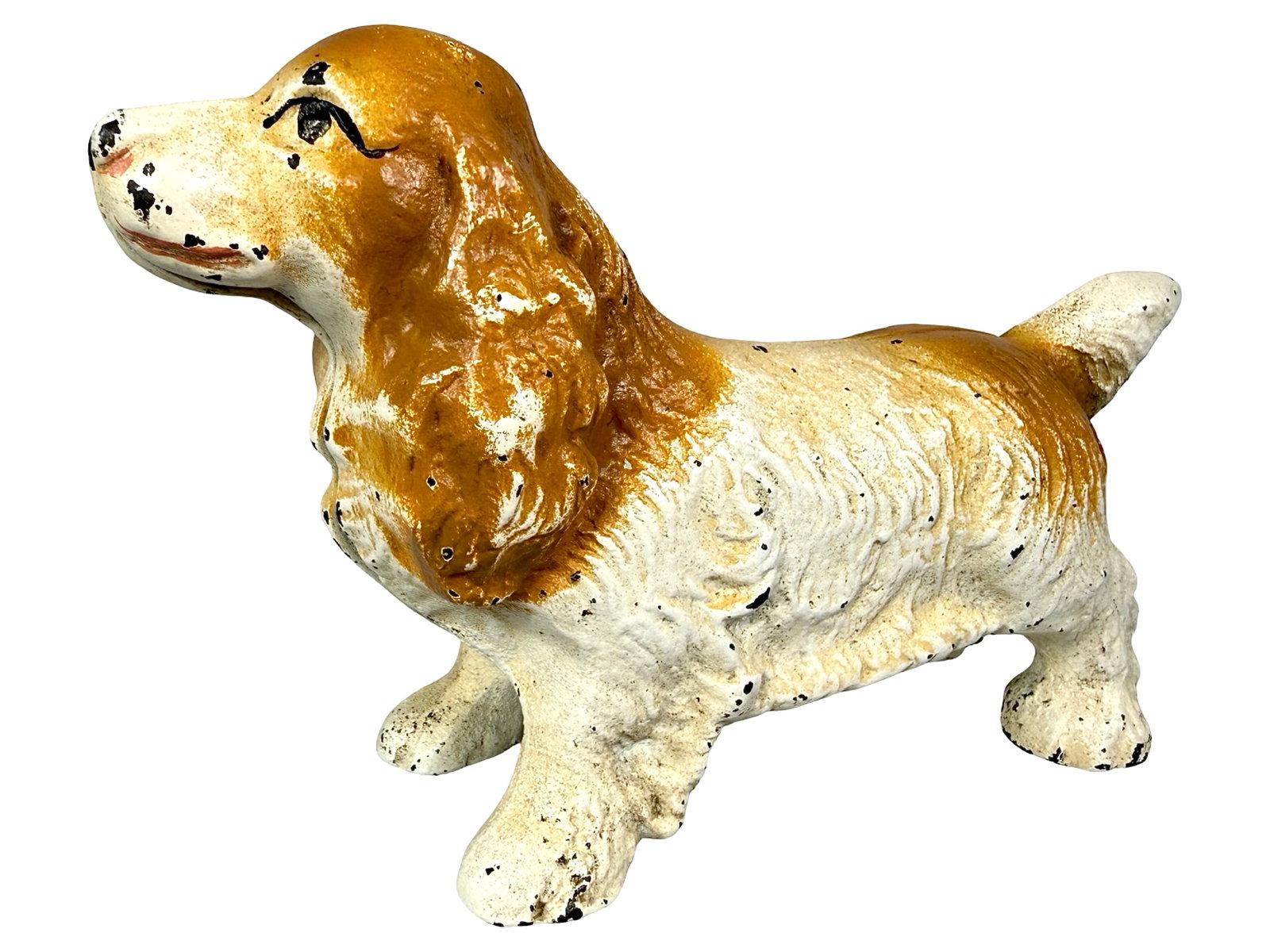 Brown & White Cocker Spaniel Bank with Key Lock Trap: Made by Hubley Mfg. Co. Lancaster, Pa. - 1930's - 6" L.