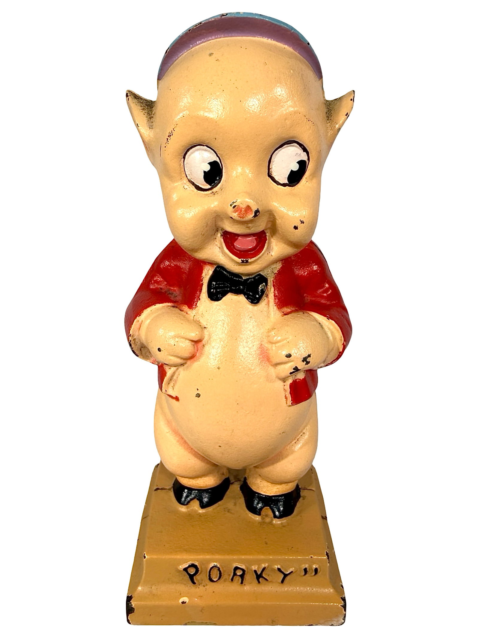 Porky Pig with Flesh Skin - Cast Iron Bank: Made by Hubley Mfg. Company. Lancaster, Pa. - 1930's - 5 1/2" T. Bob & Shirley Peirce Collection.