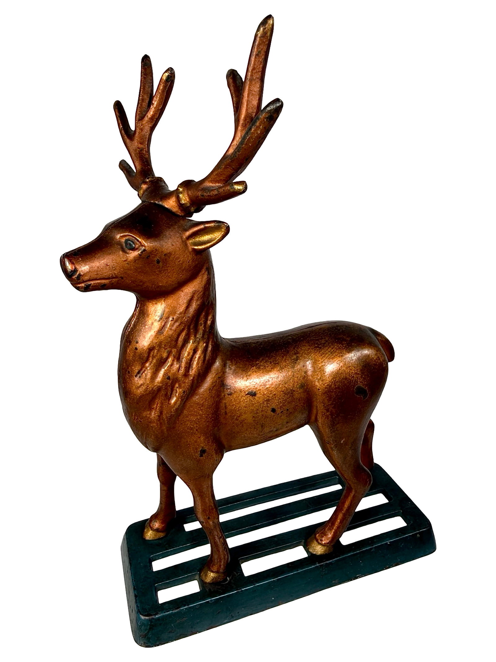 Large Copper Painted Elk Bank - Presented on a Slatted Grill Base: Attrib. to A. C. Williams Company. Ohio - 1920's - 9 7/8" T x 6 1/4" W. Bob & Shirley Peirce Collection. Only a scant handful of examples with the slatted base are known to exist. This one is genuinel
