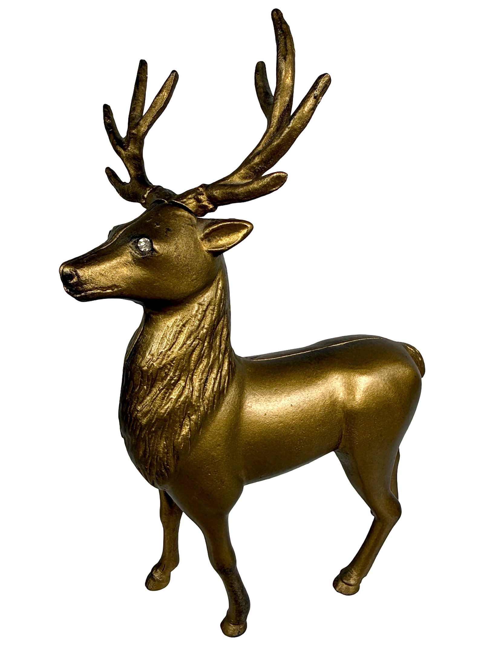 Large Gold Painted Elk Bank - Mounted with Rhinestone Eyes: By the A. C. Williams Company. Ohio - 1930's - 9 1/2" T x 5 3/4" W. Bob & Shirley Peirce Collection. Rather unbelievably, owing to the astonishing condition of this piece, we suggest that the bank lef