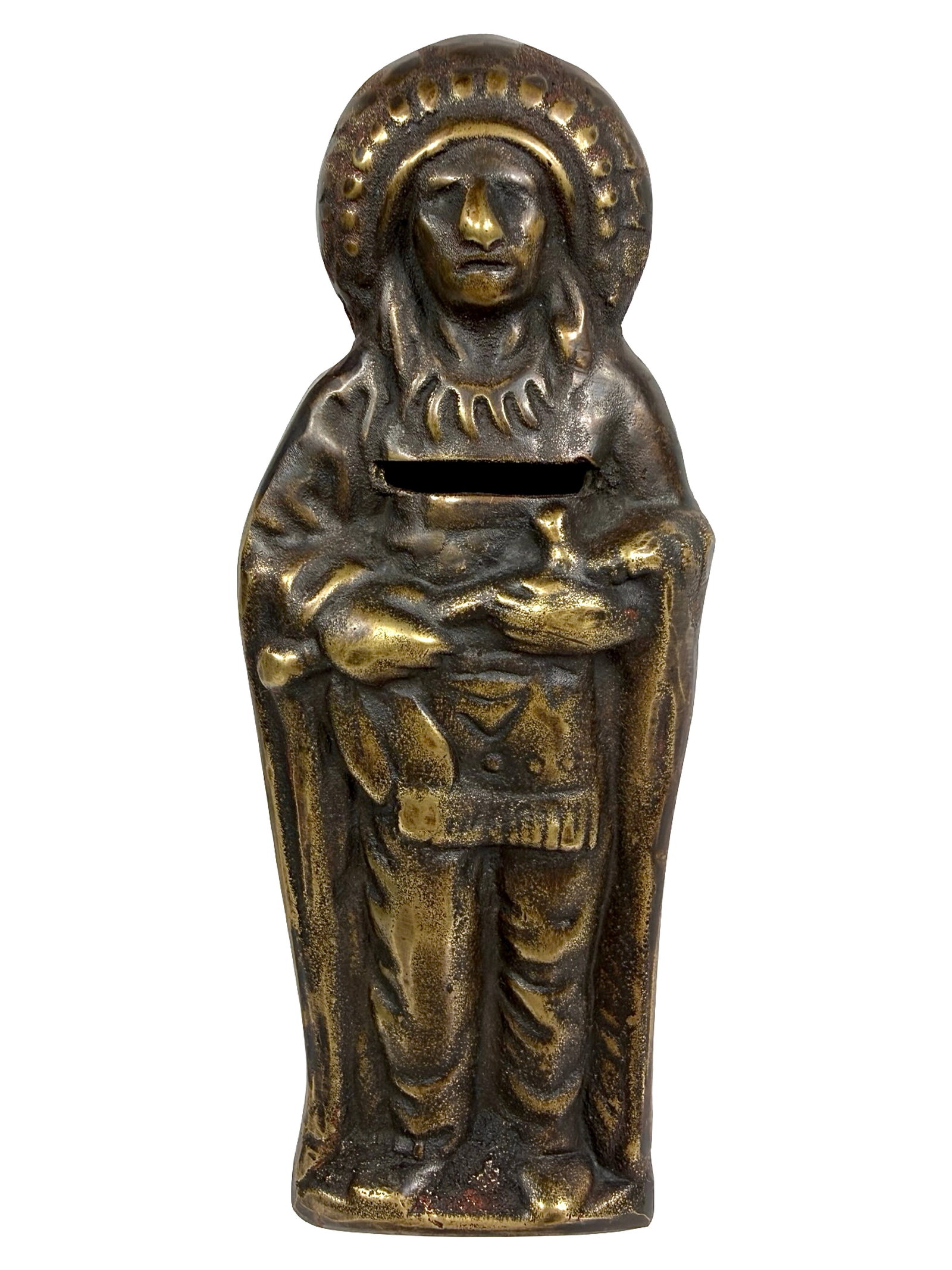 Indian Chief with Peace Pipe - Unrecorded Brass Still Bank: American - Ca. 1935 - 7 1/4" T. The Tom Kellogg Collection.