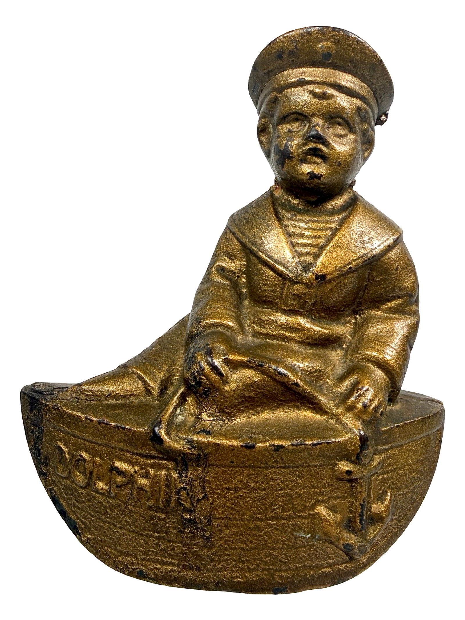 Dolphin - Sailor Boy in Boat - Cast Iron Bank: By the Grey Iron Casting Company. Mount Joy, Pa. - 1900's - 4 1/2" Tall. Bob & Shirley Peirce Collection.
