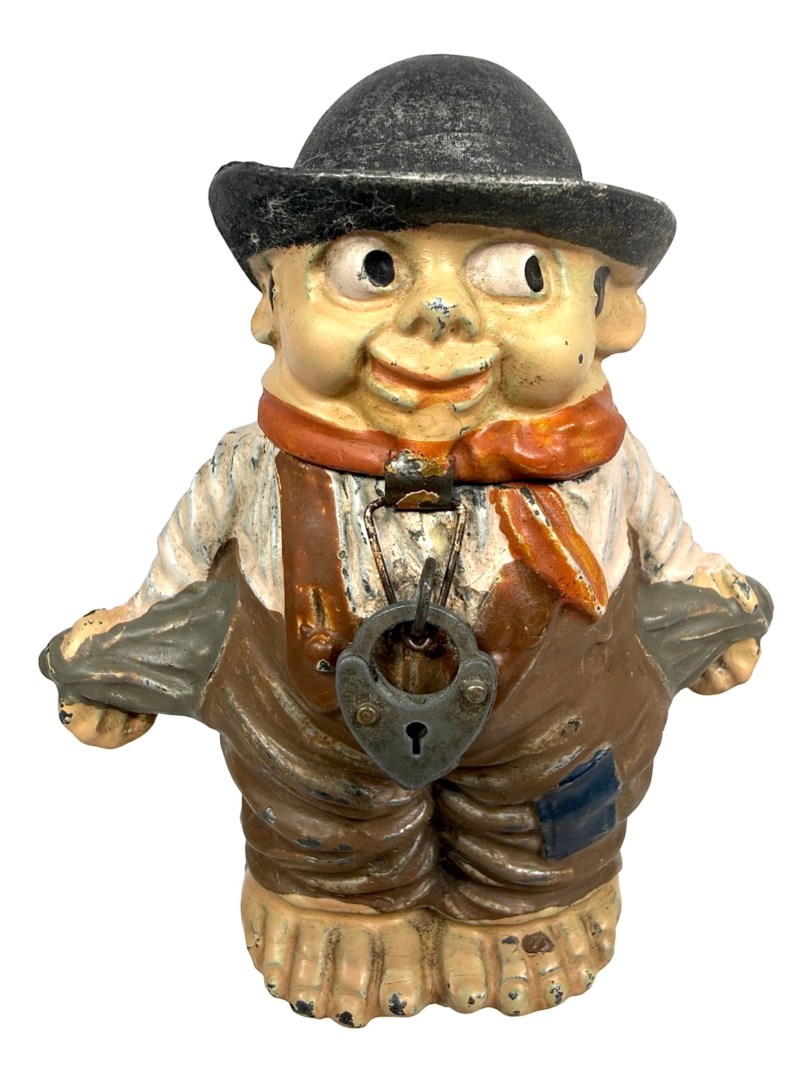 Spelter Street Urchin Still Bank: "Boy with his Pockets Turned Out". Germany - Circa 1910's - 3 7/8" T. The Clayton Luther Collection.