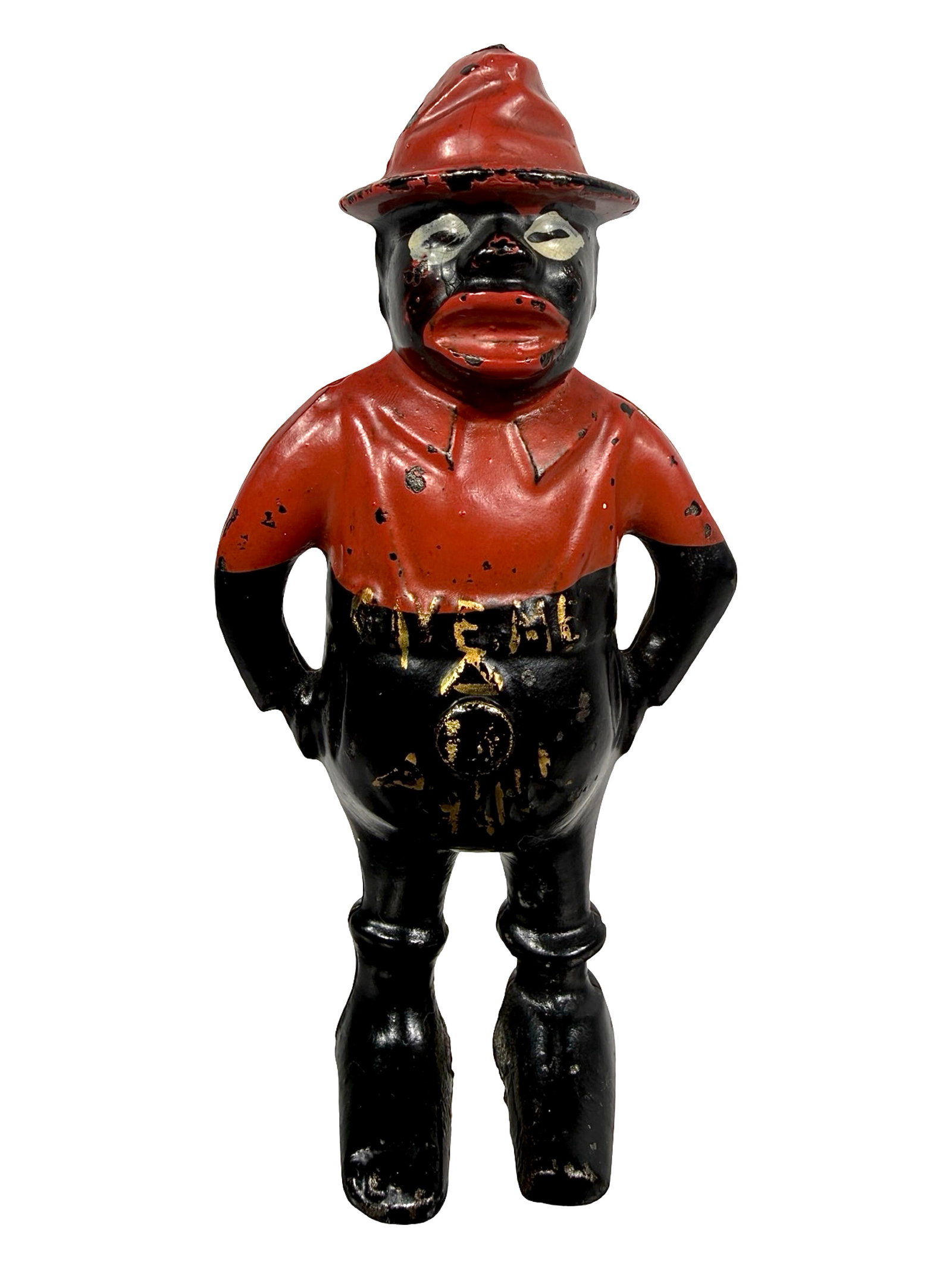 "Give Me a Penny" with Turn Pin - Cast Iron Bank: Made by the Wing Mfg. Company. Pennsylvania - 1900 - 5 5/8" Tall. Bob & Shirley Peirce Collection.