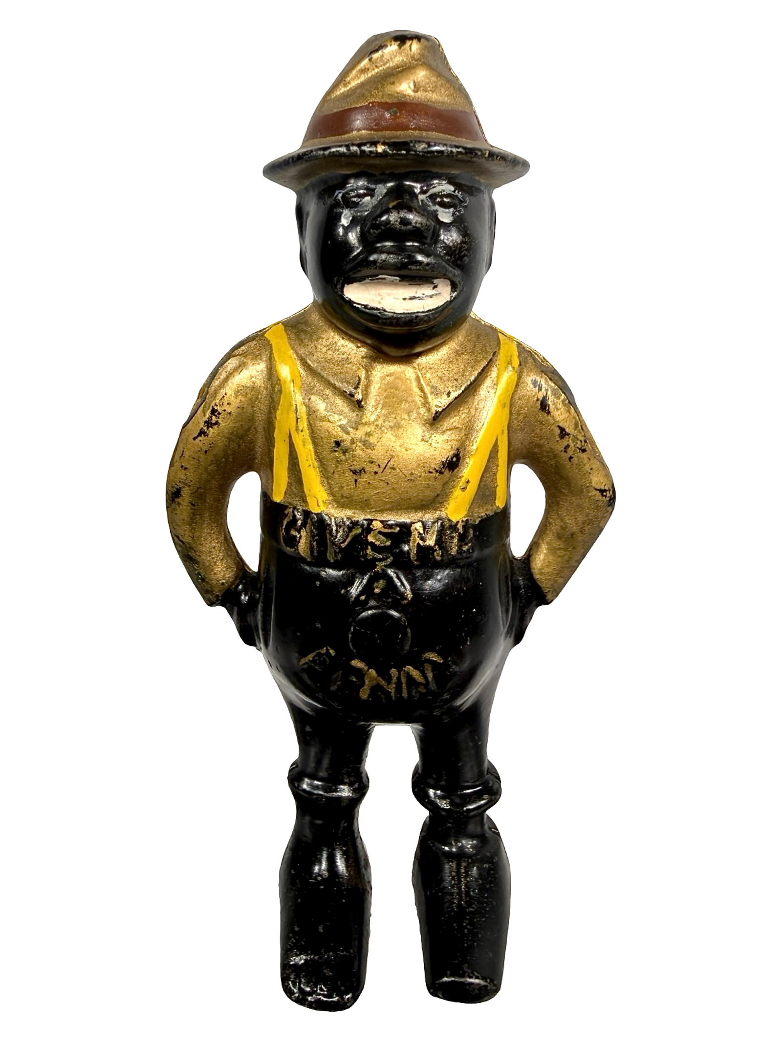 "Give Me a Penny" - Cast Iron Bank: Unusual Yellow Suspenders. By the Wing Mfg. Company. USA - Circa 1910's - 6 1/2" T. The Tom Kellogg Collection.