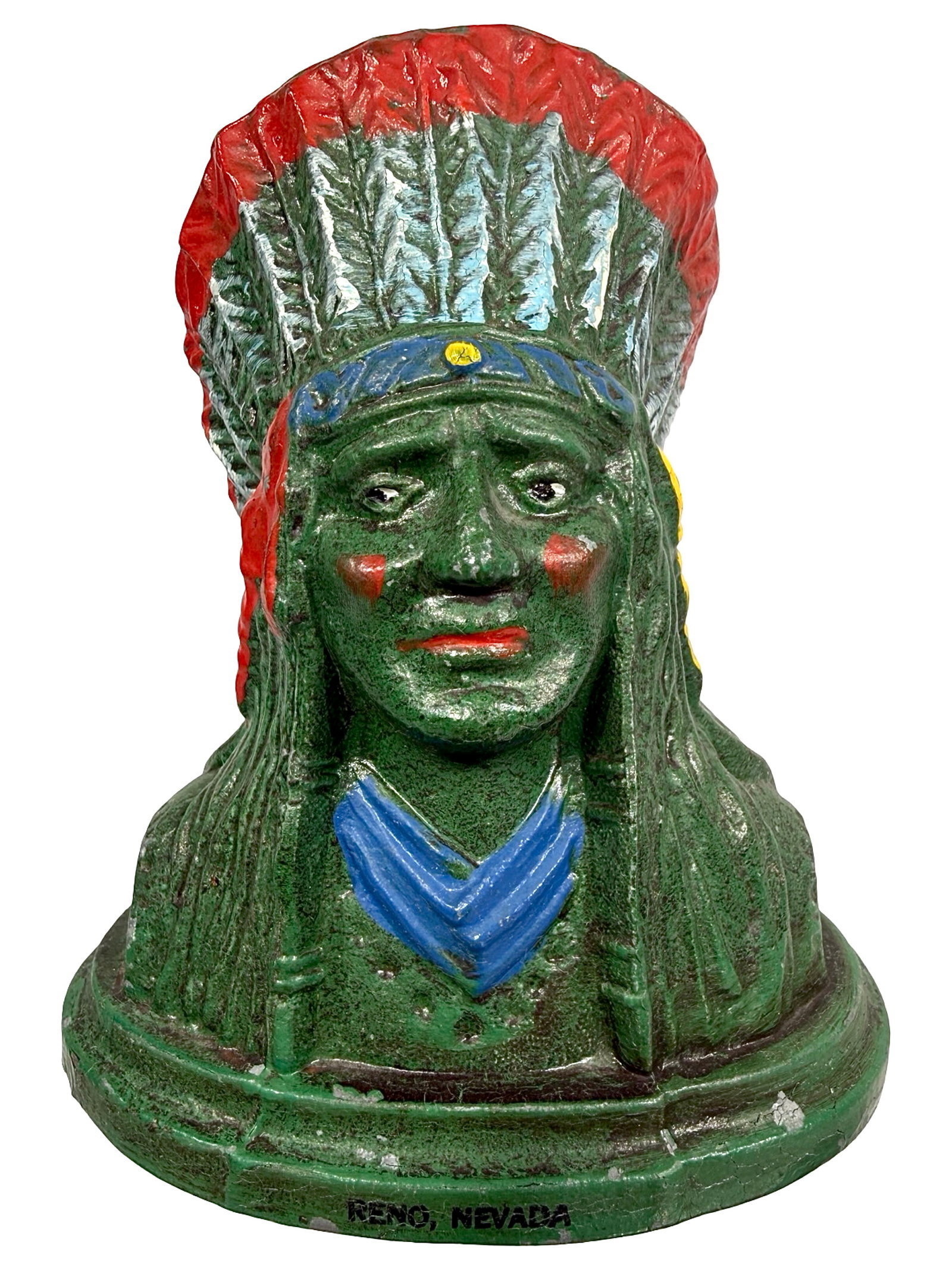 Colorful Indian Chief Bust - Rare Unrecorded Still Bank: A souvenir of Reno, Nevada. USA - Late 1930's - 5 1/4" T. The Tom Kellogg Collection.