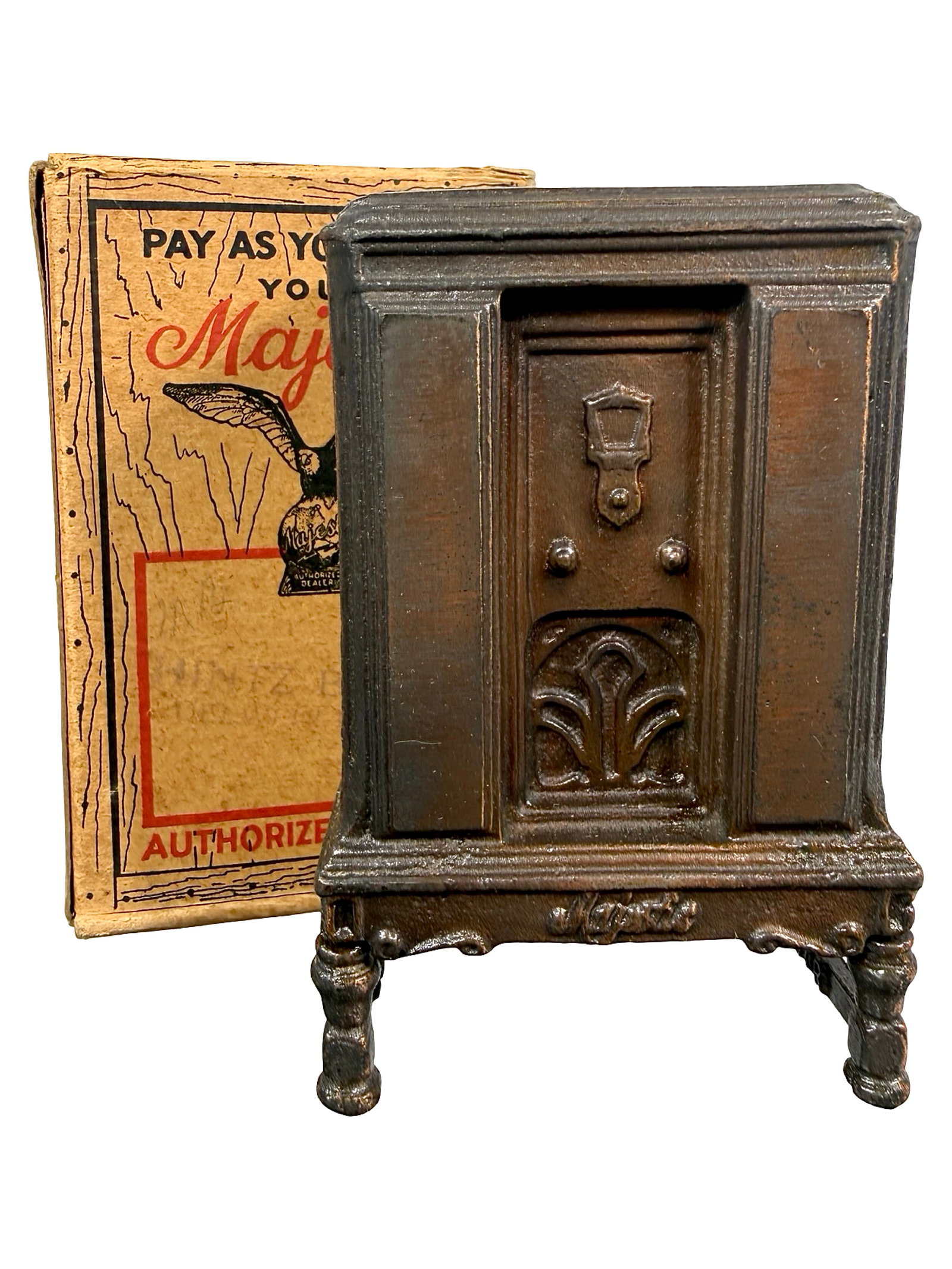 Bronze Majestic Radio Bank with Box: Arcade Mfg. Company. Early 1930's - 4 1/2" T.