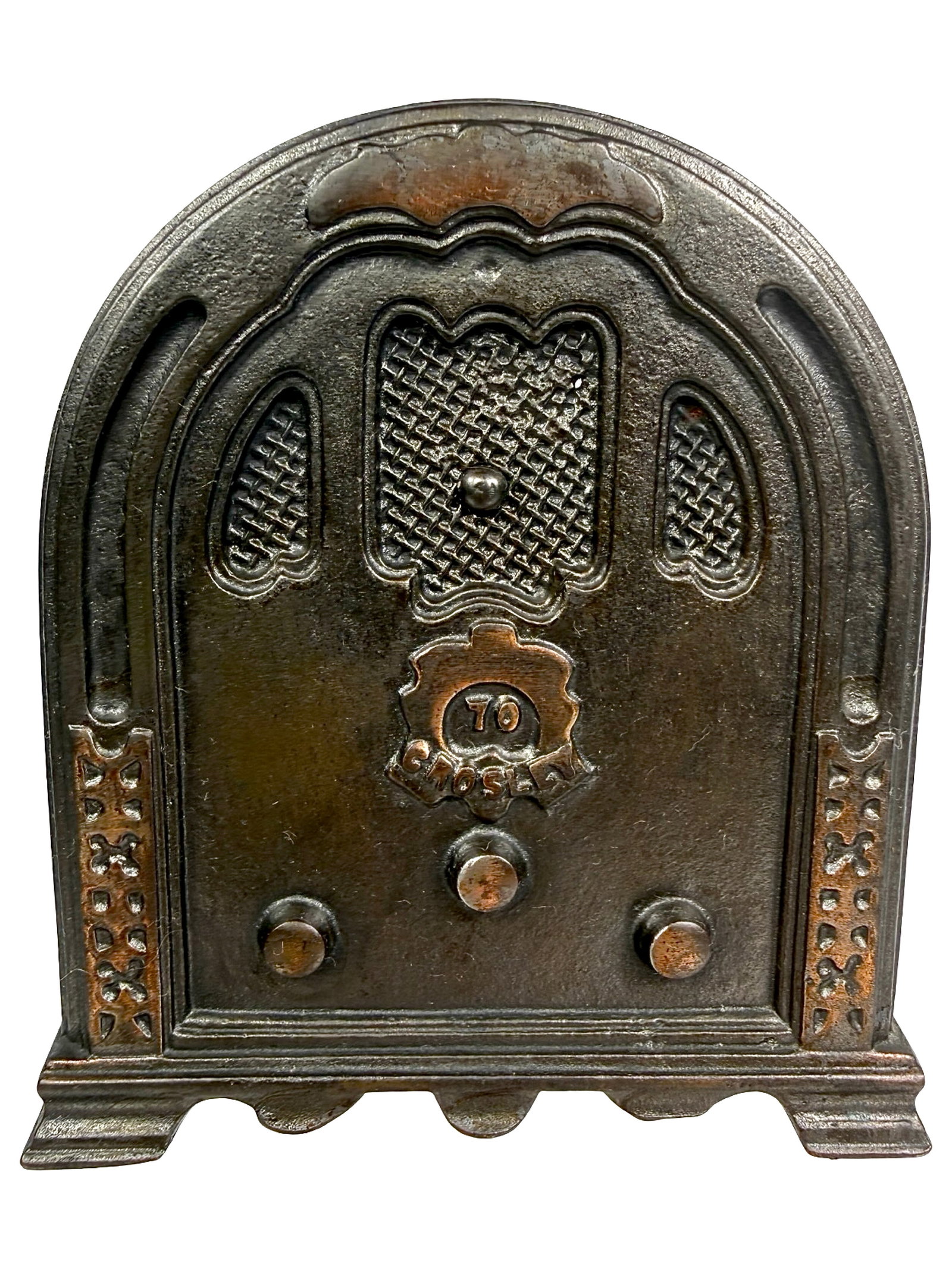 Small Electroplated Crosley Radio - Still Bank: By the Kenton Hardware Company. Ca. Early 1930's - 4 1/4" T x 4" W. Bob & Shirley Peirce Collection.