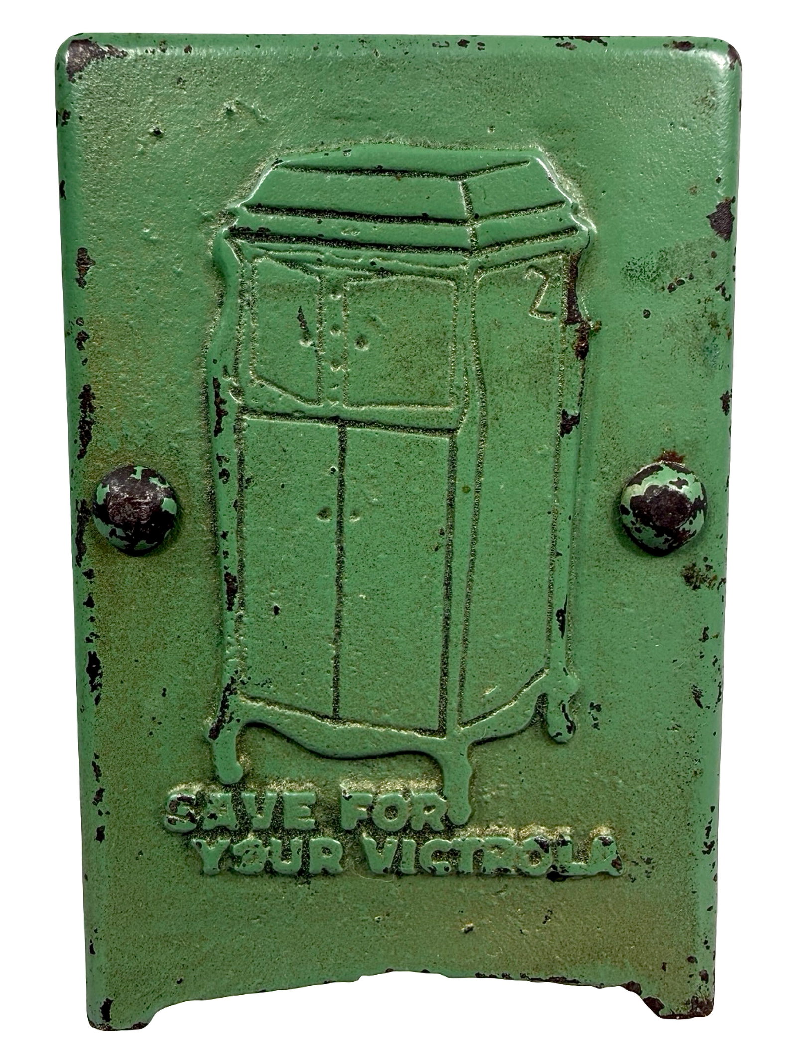 "Save Money for a Victrola" - Still Bank: No Other Known Examples. Unknown American Maker. Circa 1918 - 4 5/8" Tall. Bob & Shirley Peirce Collection.