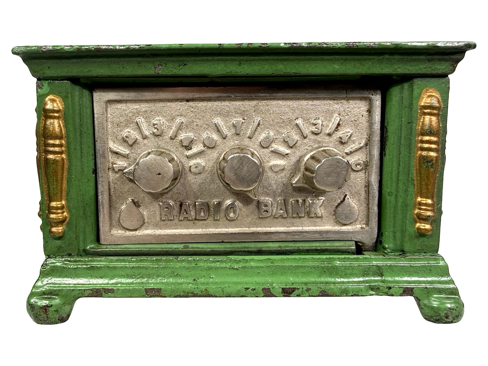 Small Green Three Dial Radio - Still Bank: By the Kenton Hardware Company. Late 1920's - 3" Tall x 4 5/8" Wide. Bob & Shirley Peirce Collection.