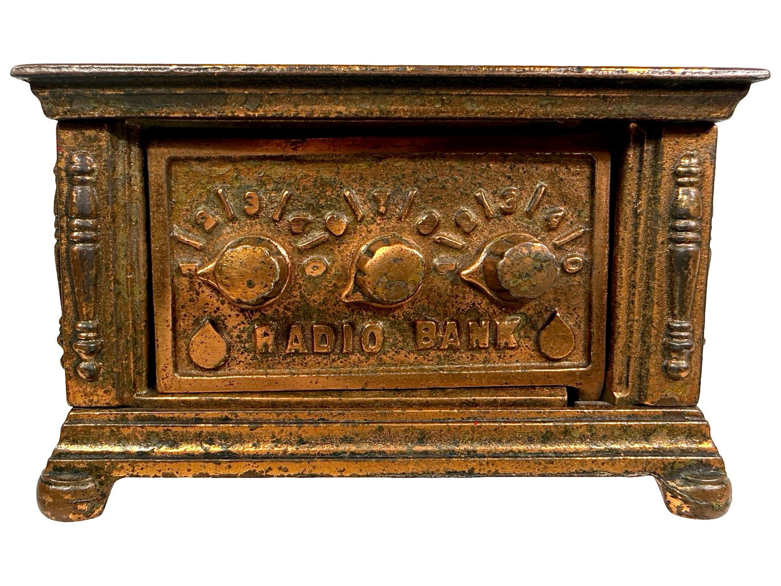 Small Three Dial Radio Bank: Possibly Unique Copper Finish. By the Kenton Hardware Company. Late 1920's - 3" Tall x 4 5/8" Wide. Bob & Shirley Peirce Collection.