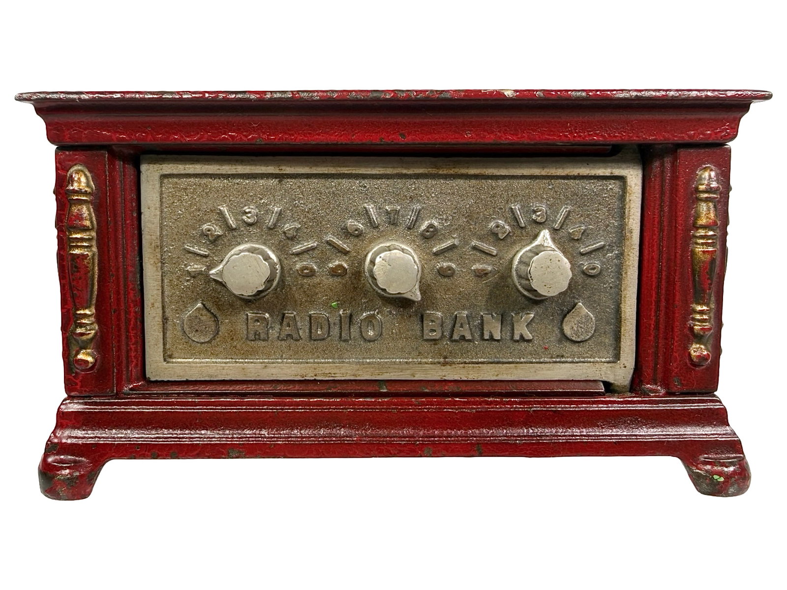 Large Red Three Dial Radio - Still Bank: By Kenton Hardware Company. Late 1920's - 3 1/2" T x 6 1/4" W. Bob & Shirley Peirce Collection.