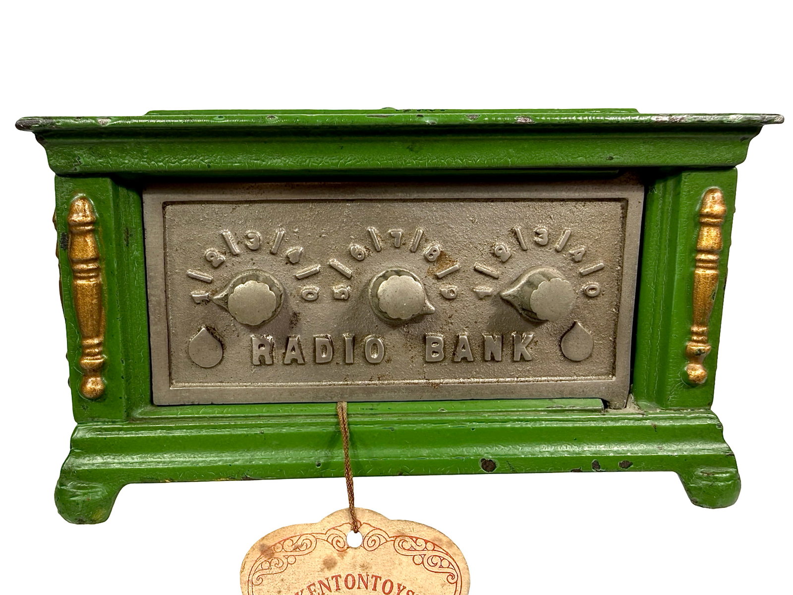 Large Green Three Dial Radio - Still Bank: By Kenton Hardware Company. Late 1920's - 3 1/2" T x 6 1/4" W. Bob & Shirley Peirce Collection.