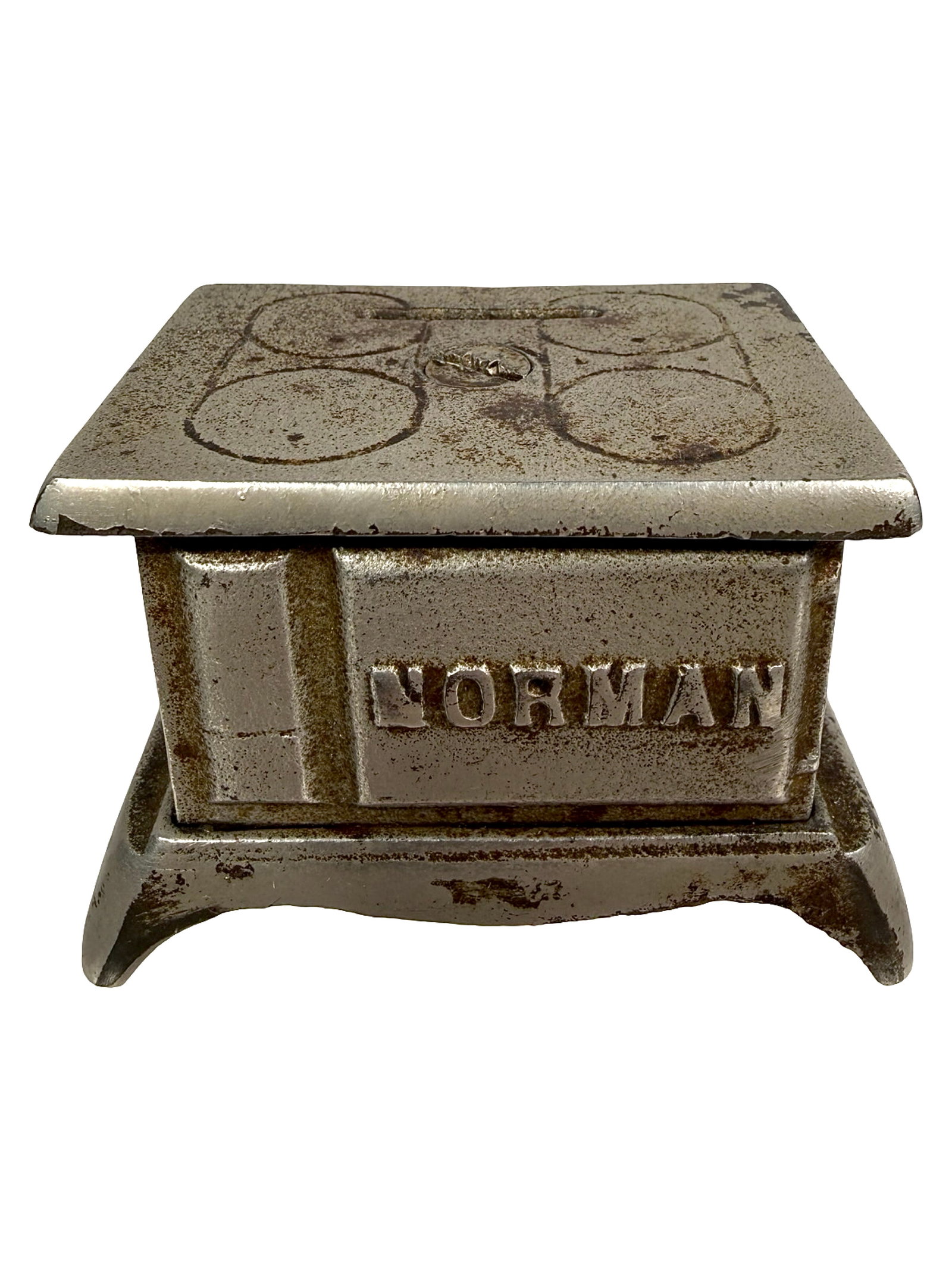 Nickeled "Norman" Stove Bank: Advertising for Reliable Furniture & Carpet Co. By Grey Iron Casting Company. Penn. - Early 1900's - 3 3/8" W. Bob & Shirley Peirce Collection.