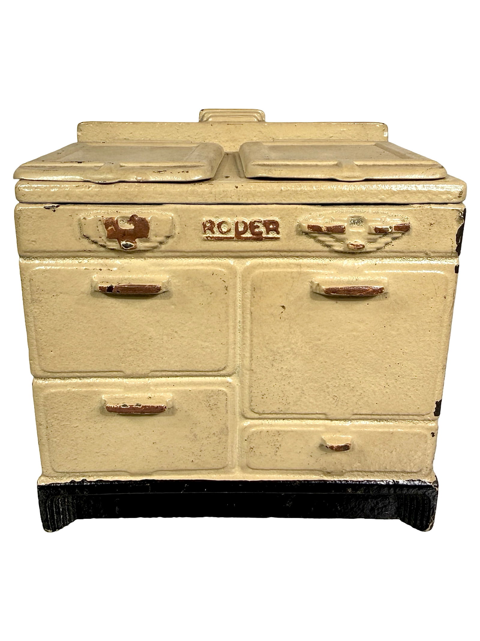 Scarce Roper Stove Bank: Steel burner covers lift up. By the Arcade Mfg. Company. 1930's - 3 3/4" T x 3 3/4" W. The Tom Kellogg Collection.