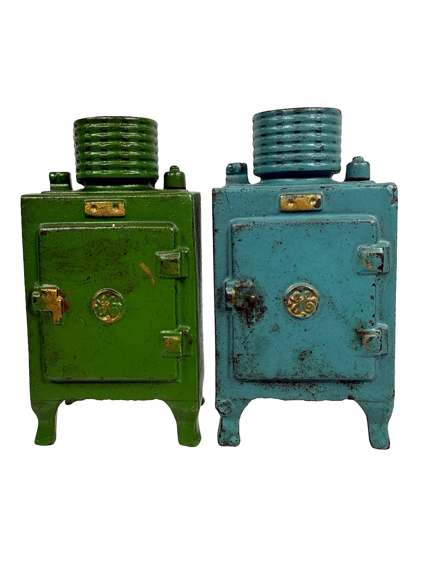 Two Small GE Refrigerator Still Banks: By the Hubley Mfg. Company. Penn. - 1930's - 3 3/4" Tall. Bob & Shirley Peirce Collection.