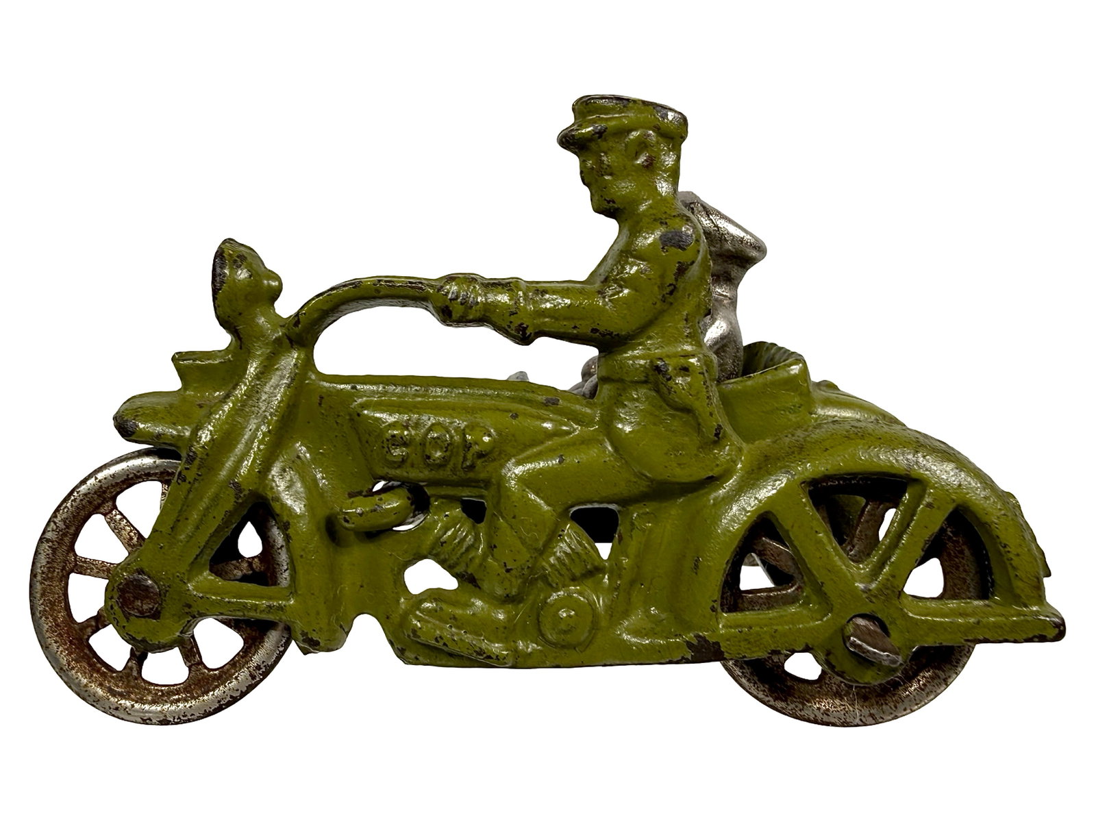 Cop Motorcycle & Sidecar - Cast Iron Toy: Nickel Wheels - Army Green. Made by Hubley Mfg. Co. Lancaster, Pa. - 1930's - 4" L.