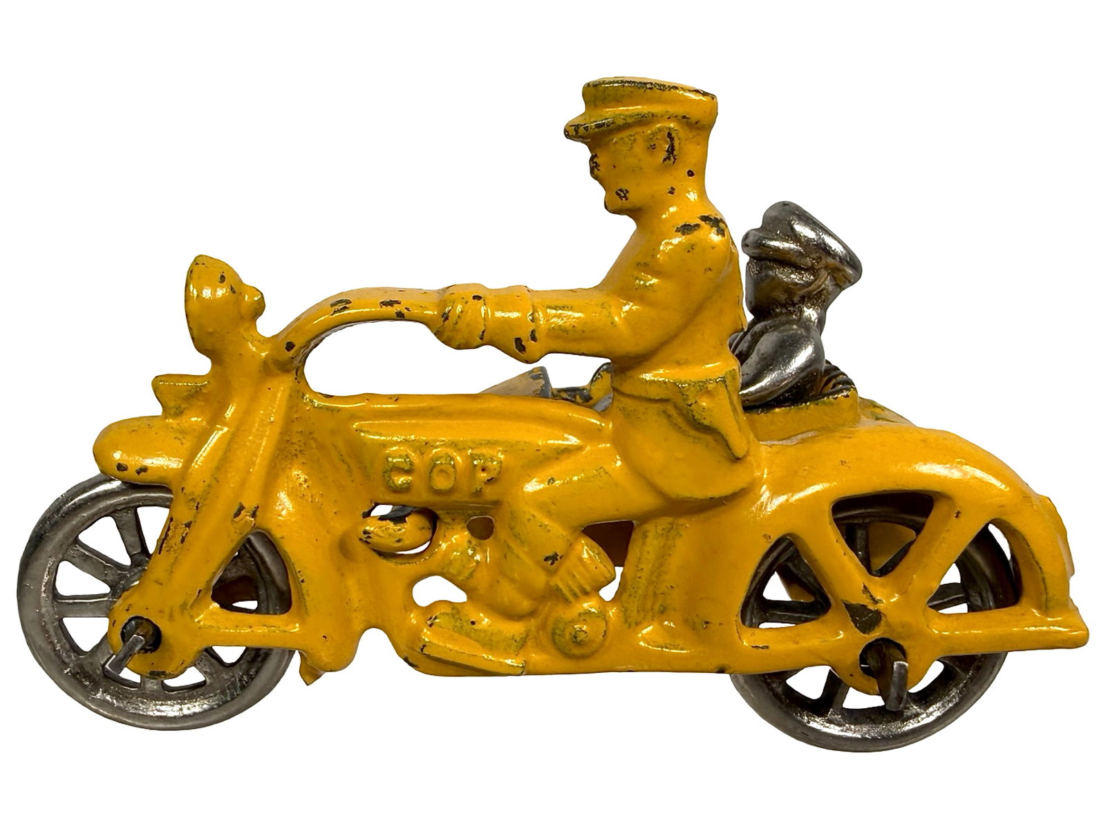 Cop Motorcycle & Sidecar - Cast Iron Toy: Nickel Wheels - Yellow. Made by Hubley Mfg. Co. Lancaster, Pa. - 1930's - 4" L.