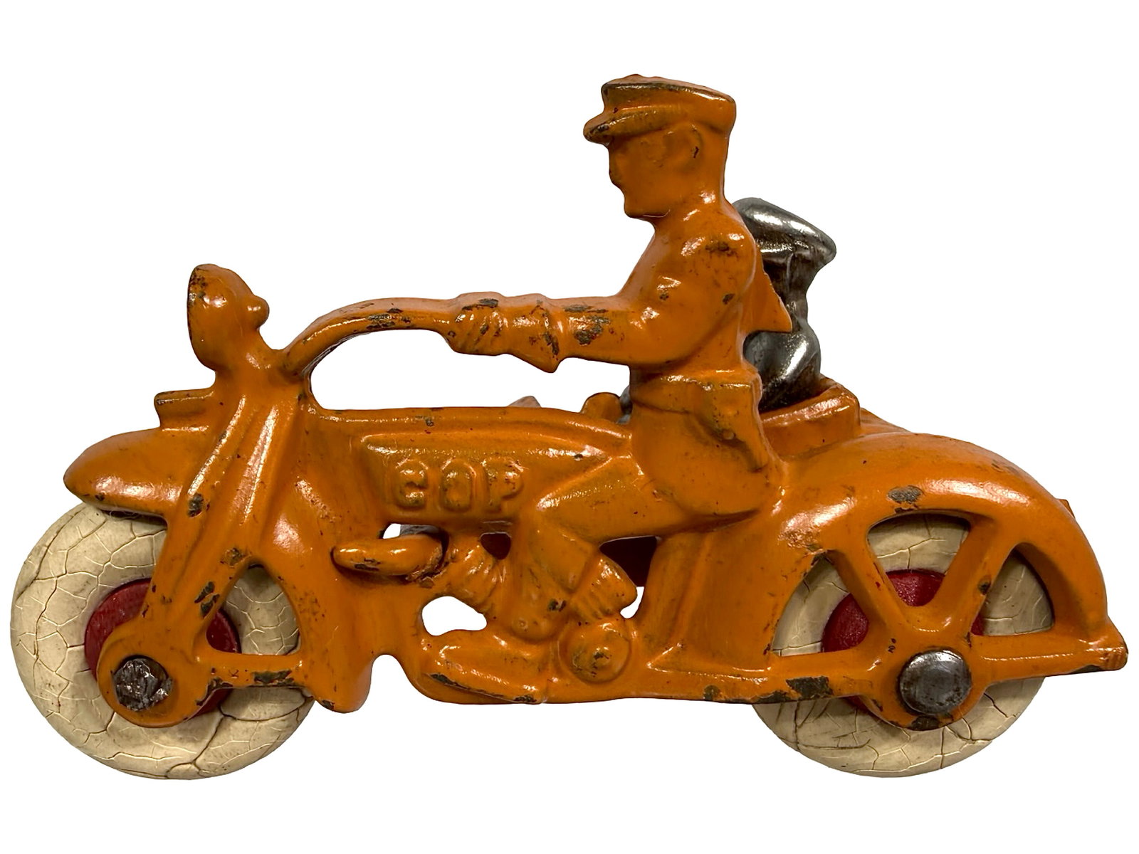 Cop Motorcycle & Sidecar - Cast Iron Toy: Orange - Rubber Tires. Made by Hubley Mfg. Co. Lancaster, Pa. - 1935 - 4" L.