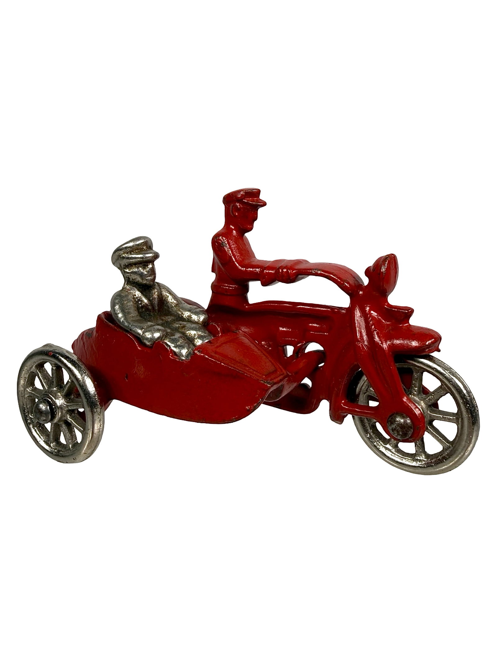 Cop Motorcycle & Sidecar - Cast Iron Toy: Red - NIckel Wheels. Made by Hubley Mfg. Co. Lancaster, Pa. - 1930's - 4" L.