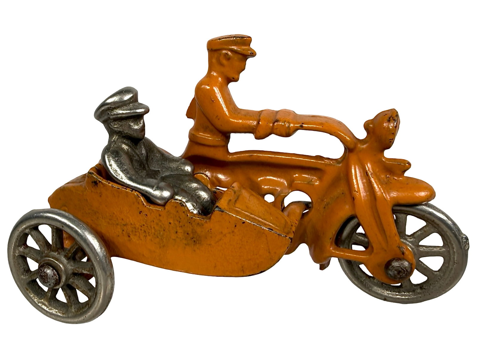 Cop Motorcycle & Sidecar - Cast Iron Toy: Orange - Nickel Wheels. Made by Hubley Mfg. Co. Lancaster, Pa. - 1930's - 4" L.