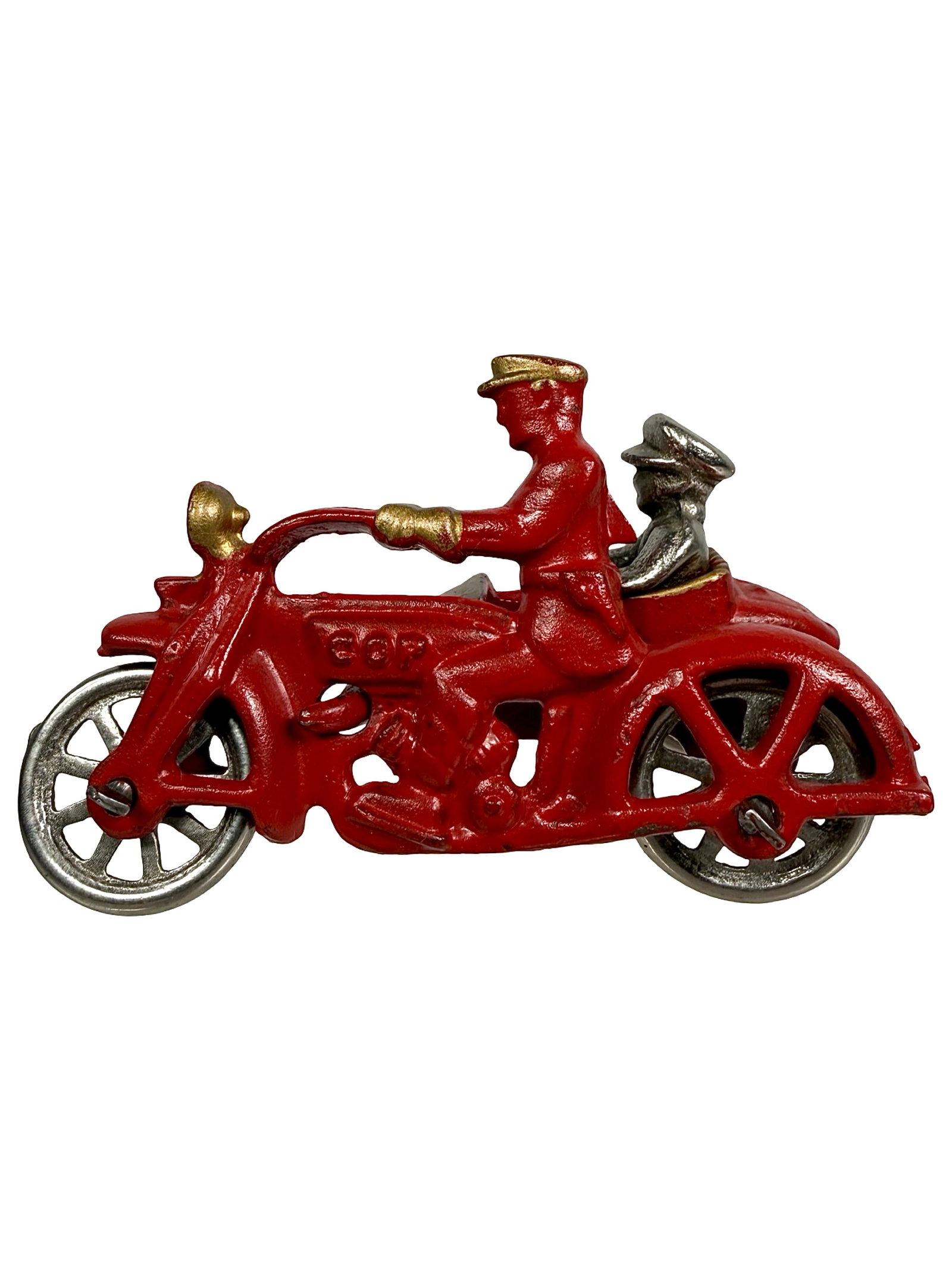 Cop Motorcycle & Sidecar - Cast Iron Toy: Red with Gold Highlights - Nickel Wheels. Made by Hubley Mfg. Co. Lancaster, Pa. - 1930's - 4" L.