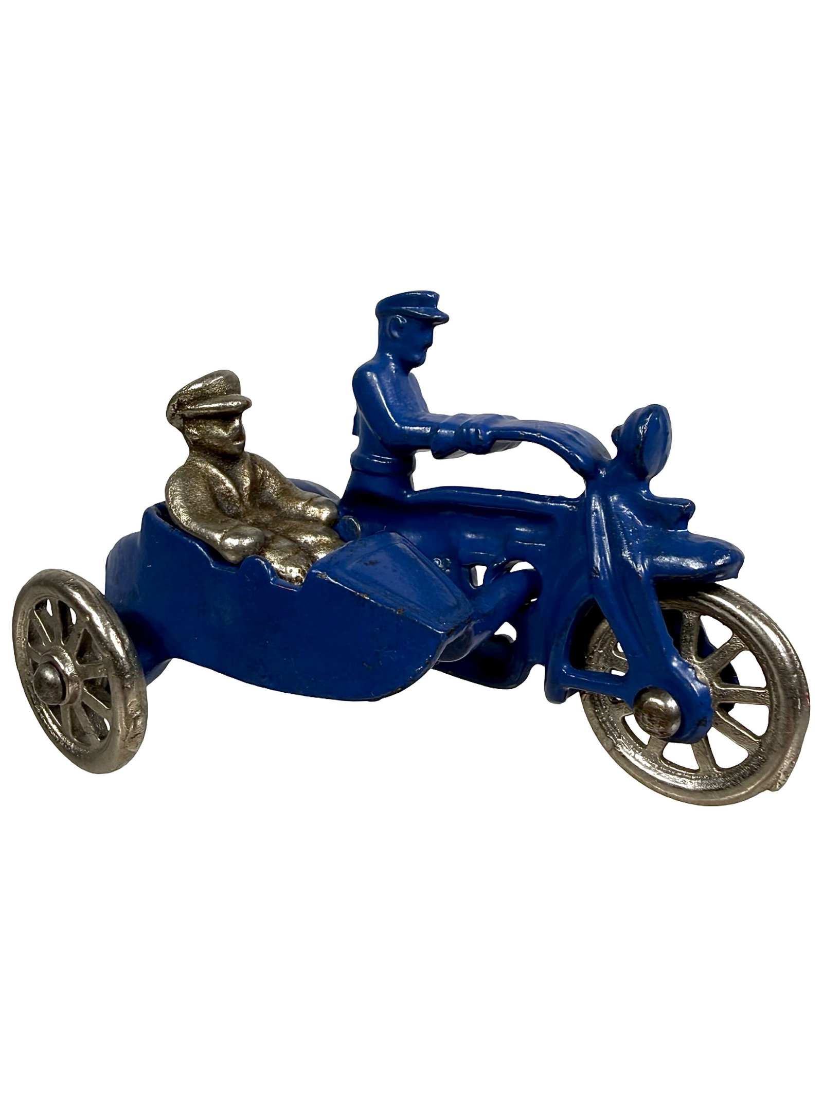 Cop Motorcycle & Sidecar - Cast Iron Toy: Blue - Nickel Wheels. Made by Hubley Mfg. Co. Lancaster, Pa. - 1930's - 4" L.