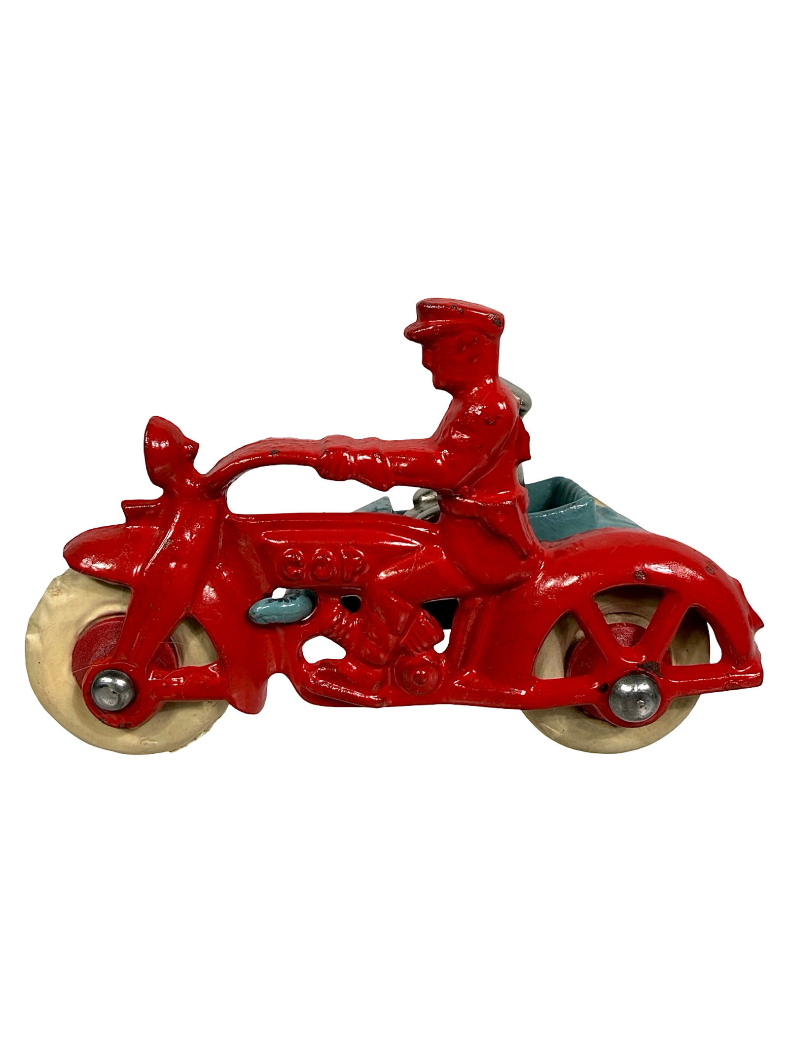 Cop Motorcycle & Sidecar - Cast Iron Toy: Red & Blue - Rubber Tires. Made by Hubley Mfg. Co. Lancaster, Pa. - 1935 - 4" L.