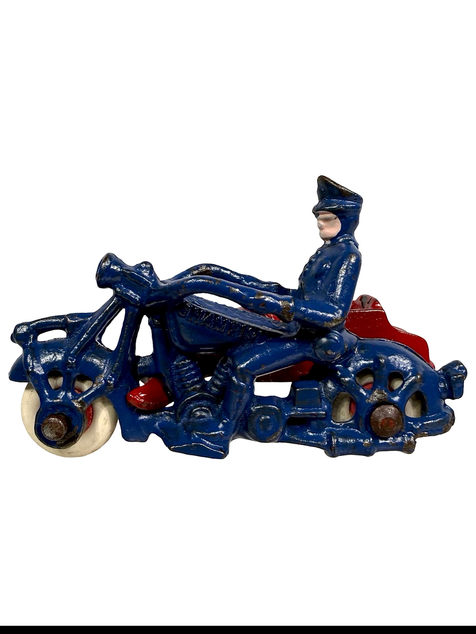 Champion Police Motorcycle & Sidecar - Cast Iron Toy: Blue & Red - Rubber Tires. American - 1932 - 4" L.