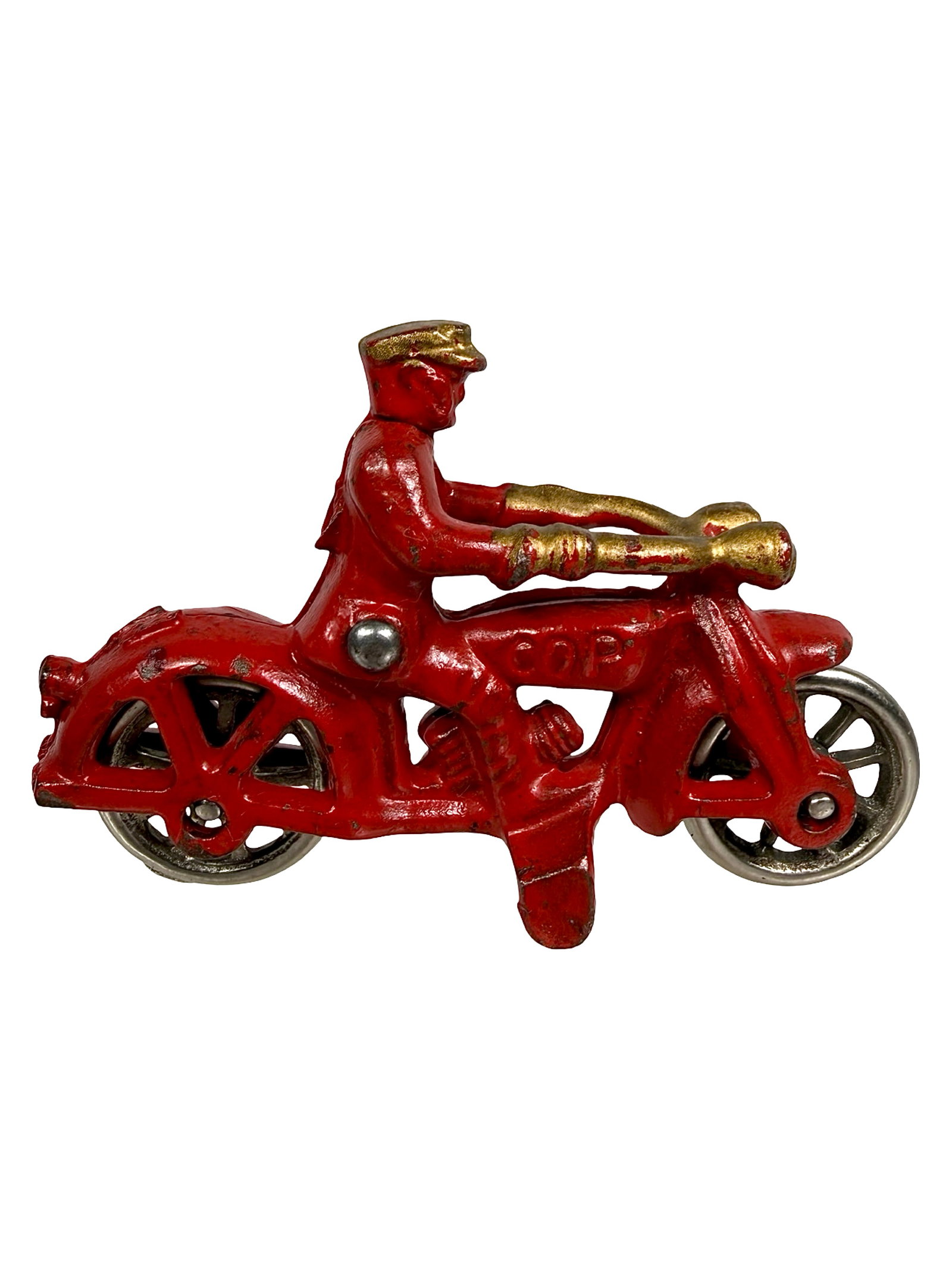 Cop Motorcycle - Cast Iron Toy: Red with Gold Highlights - Nickel Wheels. Made by Hubley Mfg. Co. Lancaster, Pa. - 1930's - 4" L.