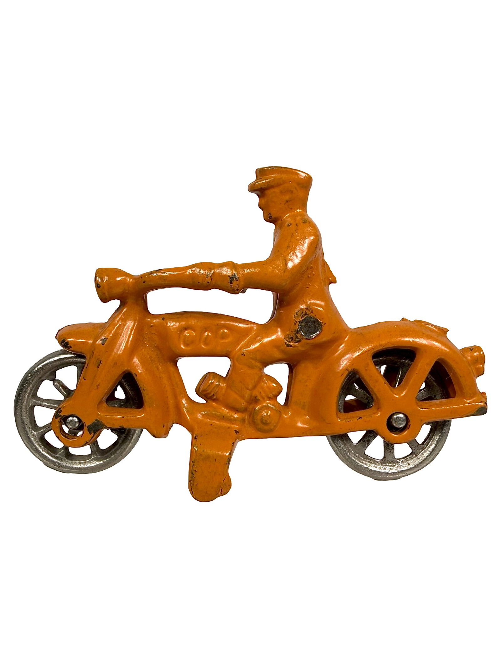 Cop Motorcycle - Cast Iron Toy: Orange - Nickel Wheels. Made by Hubley Mfg. Co. Lancaster, Pa. - 1930's - 4" L.