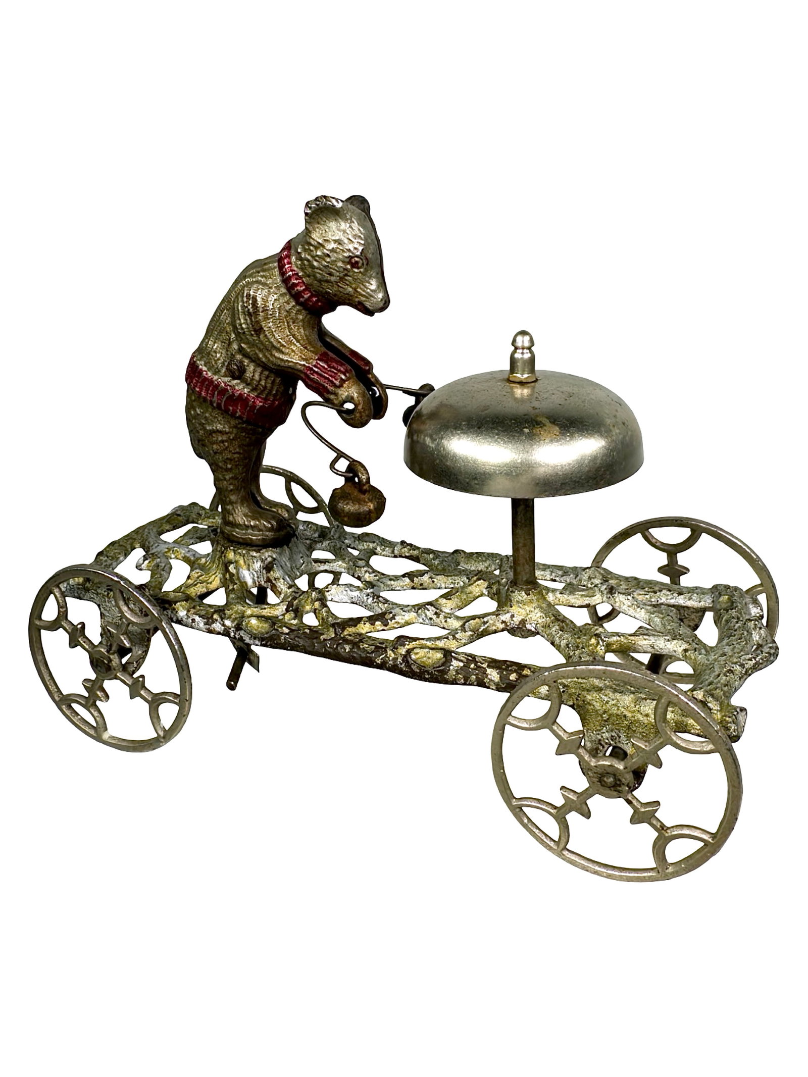 Collegiate Teddy Bear Bell Toy: By the Gong Bell Company. East Hampton, Ct. - Circa 1905. 8" Long x 6" Tall x 3 1/4" Deep. When Teddy Roosevelt was thrust into the White House via assassination, the American populace went crazy for 