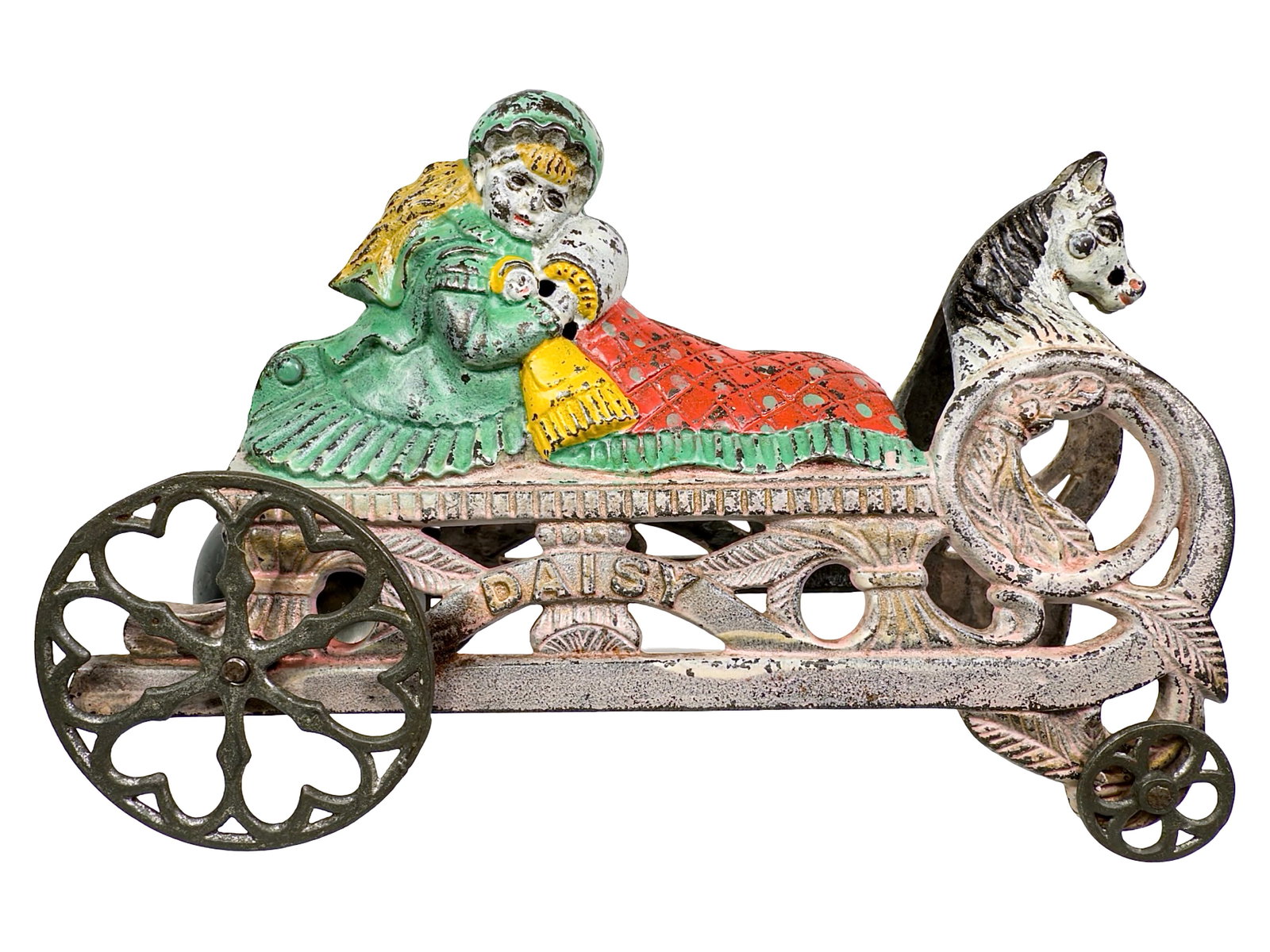 Daisy Sled Bell Toy: By the Gong Bell Company. East Hampton, Ct. - Ca. 1895. 8" Long x 5 3/4" Tall x 3 1/4" Deep. The "DAISY" bell ringer portrays a young girl making a ride on her sled on a cold winter's day. She is nest