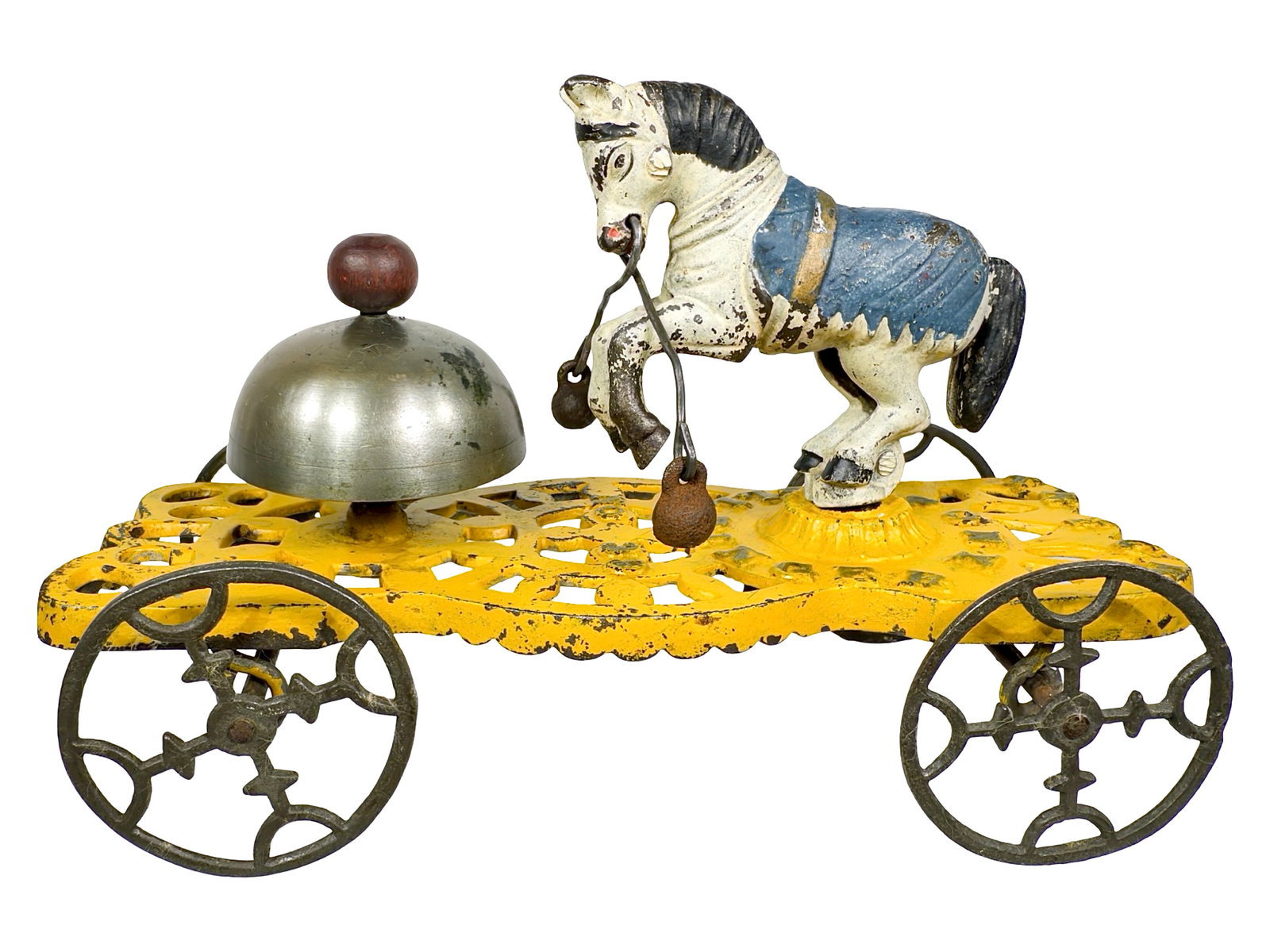 Trick Pony Bell Ringer: Made by Gong Bell Mfg. Company. East Hampton - 1895 - 5" T x 8" L. Gong Bell produced an extensive series of similar toys in which the swinging "back & forth" movement of animals causes the bells to c